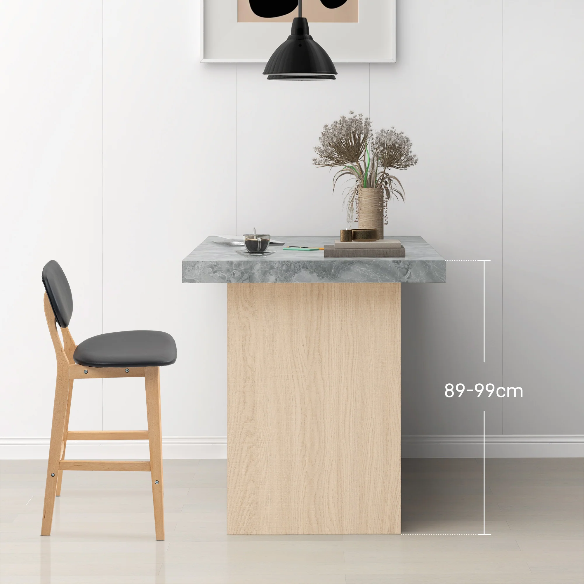 Lot de 2 tabourets de bar, chaises de bar modernes rembourré, assise 65 cm, dossier, repose-pieds et pieds en bois, tabourets de cuisine en cuir synthétique, pour salle à manger, cuisine, noir - Image 8
