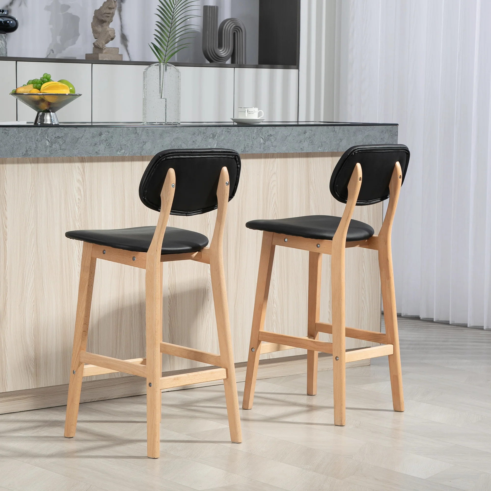 Lot de 2 tabourets de bar, chaises de bar modernes rembourré, assise 65 cm, dossier, repose-pieds et pieds en bois, tabourets de cuisine en cuir synthétique, pour salle à manger, cuisine, noir - Image 9