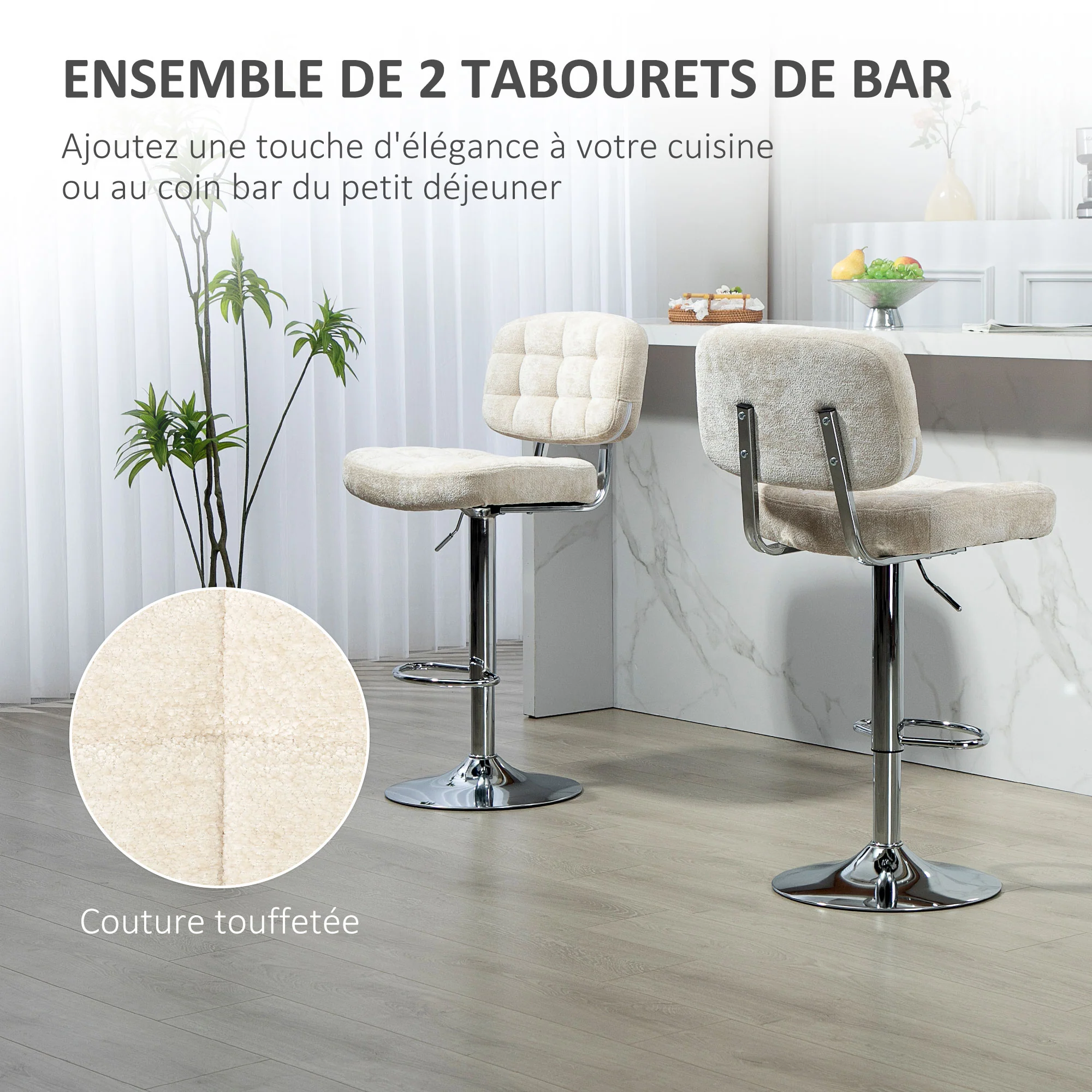 Lot de 2 tabourets de bar, chaises de bar pivotantes, chaise haute cuisine avec dossier, hauteur réglable et repose-pieds, cadre en acier, charge 120 Kg, beige - Image 5