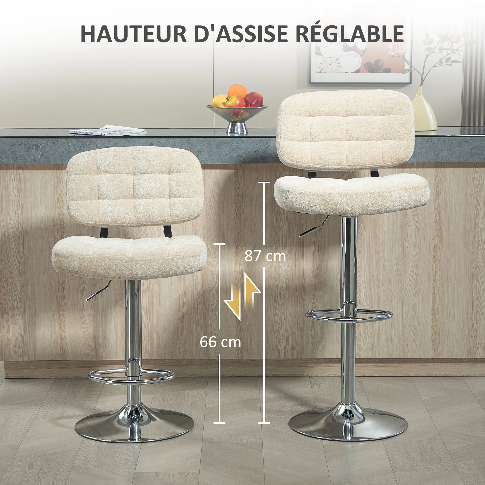Lot de 2 tabourets de bar, chaises de bar pivotantes, chaise haute cuisine avec dossier, hauteur réglable et repose-pieds, cadre en acier, charge 120 Kg, beige - Image 6