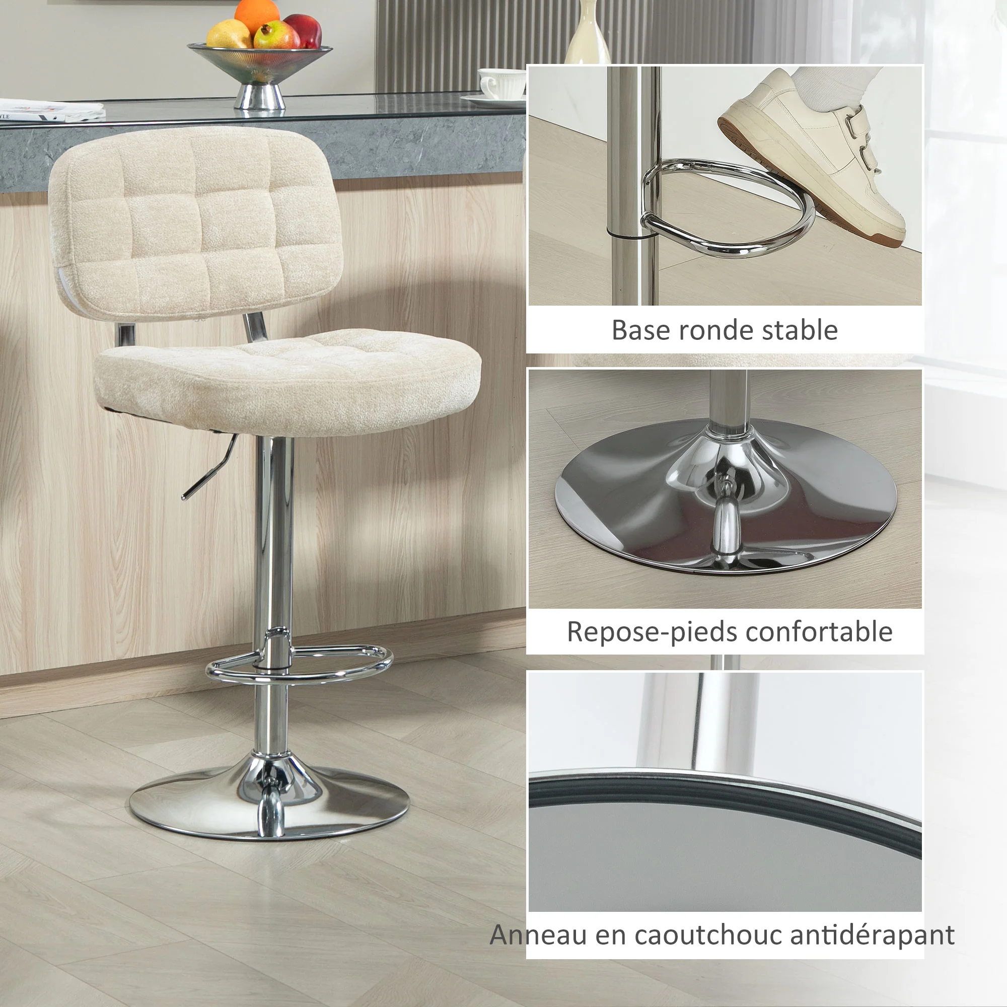 Lot de 2 tabourets de bar, chaises de bar pivotantes, chaise haute cuisine avec dossier, hauteur réglable et repose-pieds, cadre en acier, charge 120 Kg, beige - Image 9
