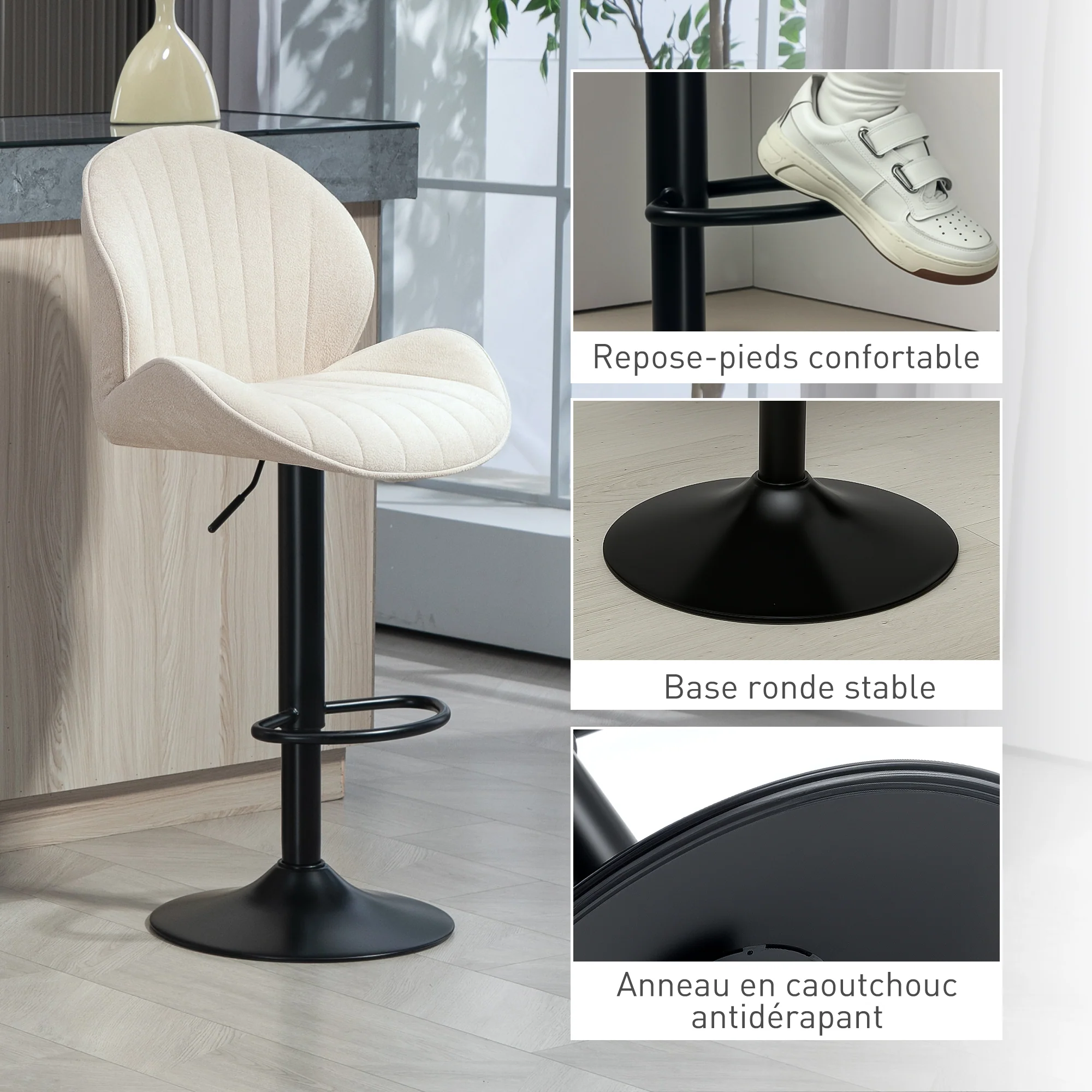 Lot de 2 tabourets de bar, chaises de bar pivotantes, forme de coquillage, chaise haute cuisine avec dossier, hauteur réglable et repose-pieds, cadre en acier, beige - Image 9