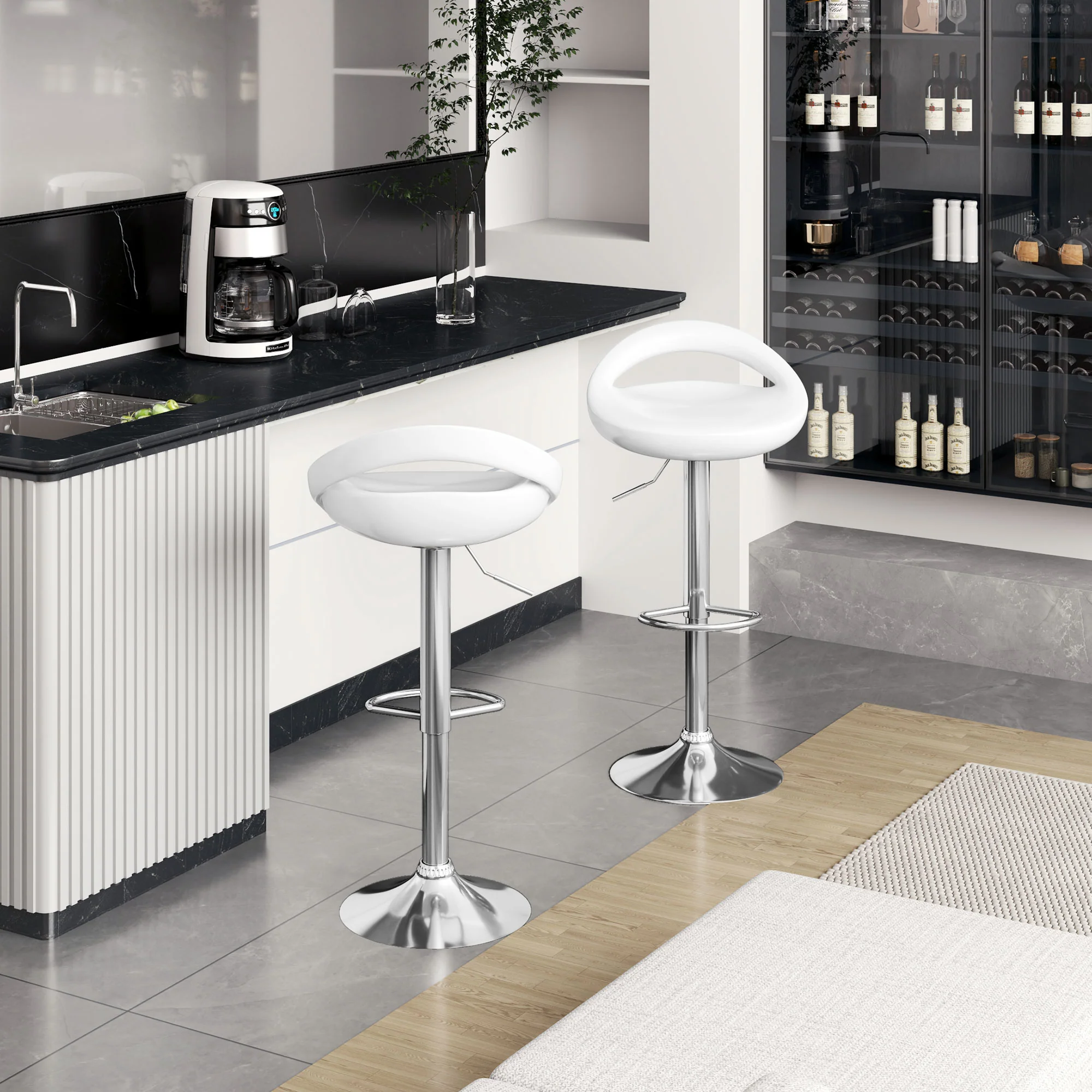 Lot de 2 tabourets de bar, chaises de bar réglable en hauteur, chaise haute cuisine avec dossier et repose-pieds, pivotant à 360°, ABS et métal, pour salle à manger, comptoir, blanc - Image 3