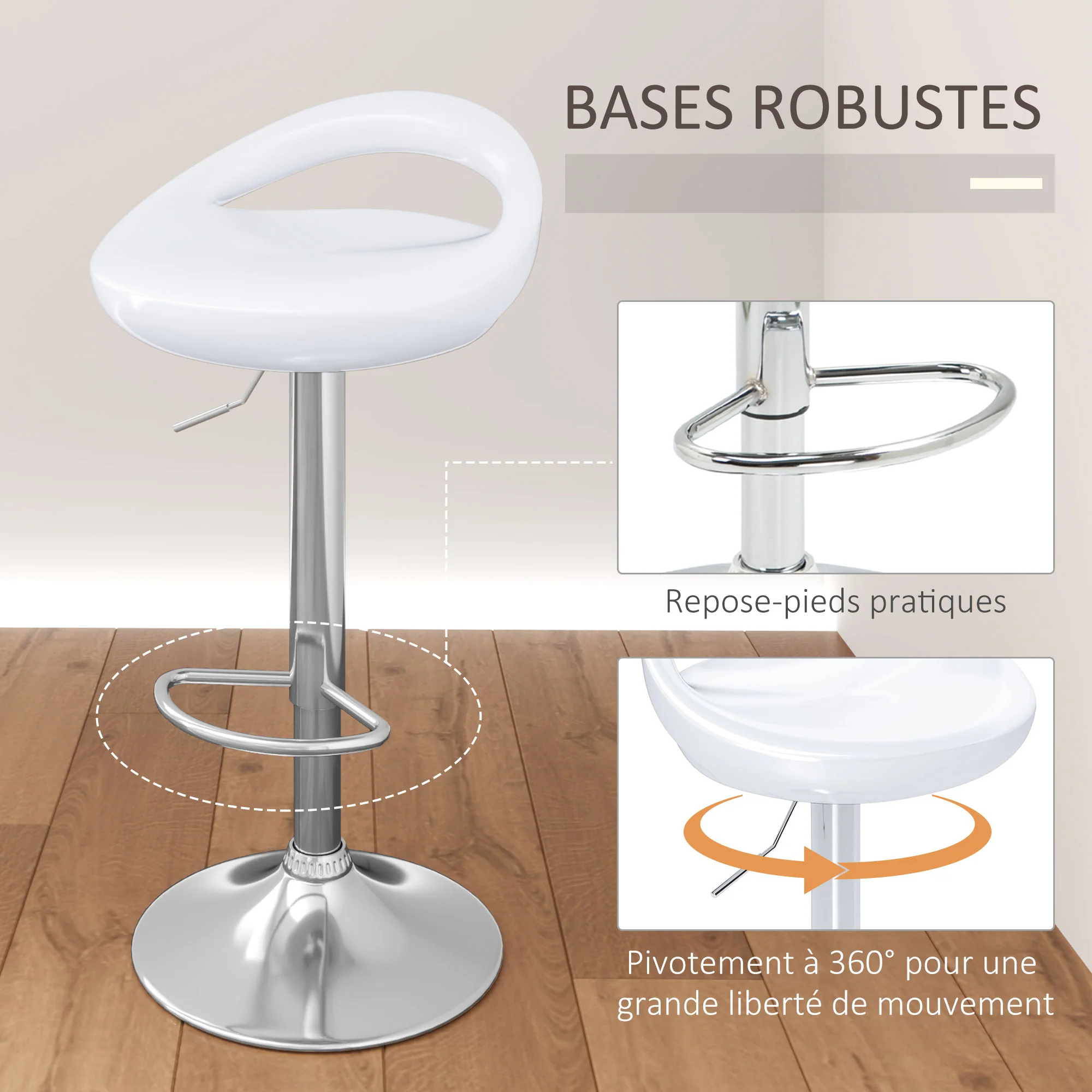 Lot de 2 tabourets de bar, chaises de bar réglable en hauteur, chaise haute cuisine avec dossier et repose-pieds, pivotant à 360°, ABS et métal, pour salle à manger, comptoir, blanc - Image 6