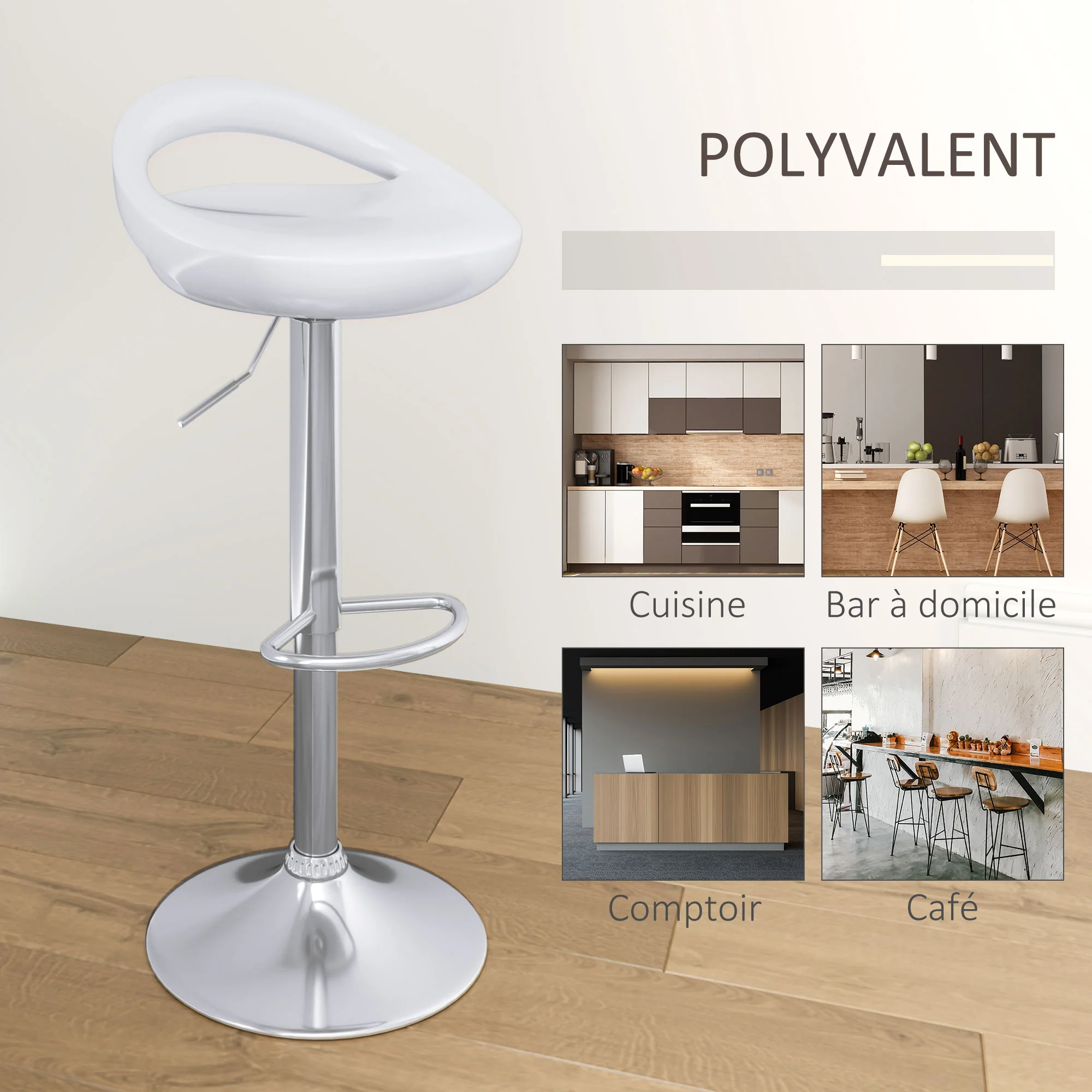 Lot de 2 tabourets de bar, chaises de bar réglable en hauteur, chaise haute cuisine avec dossier et repose-pieds, pivotant à 360°, ABS et métal, pour salle à manger, comptoir, blanc - Image 8