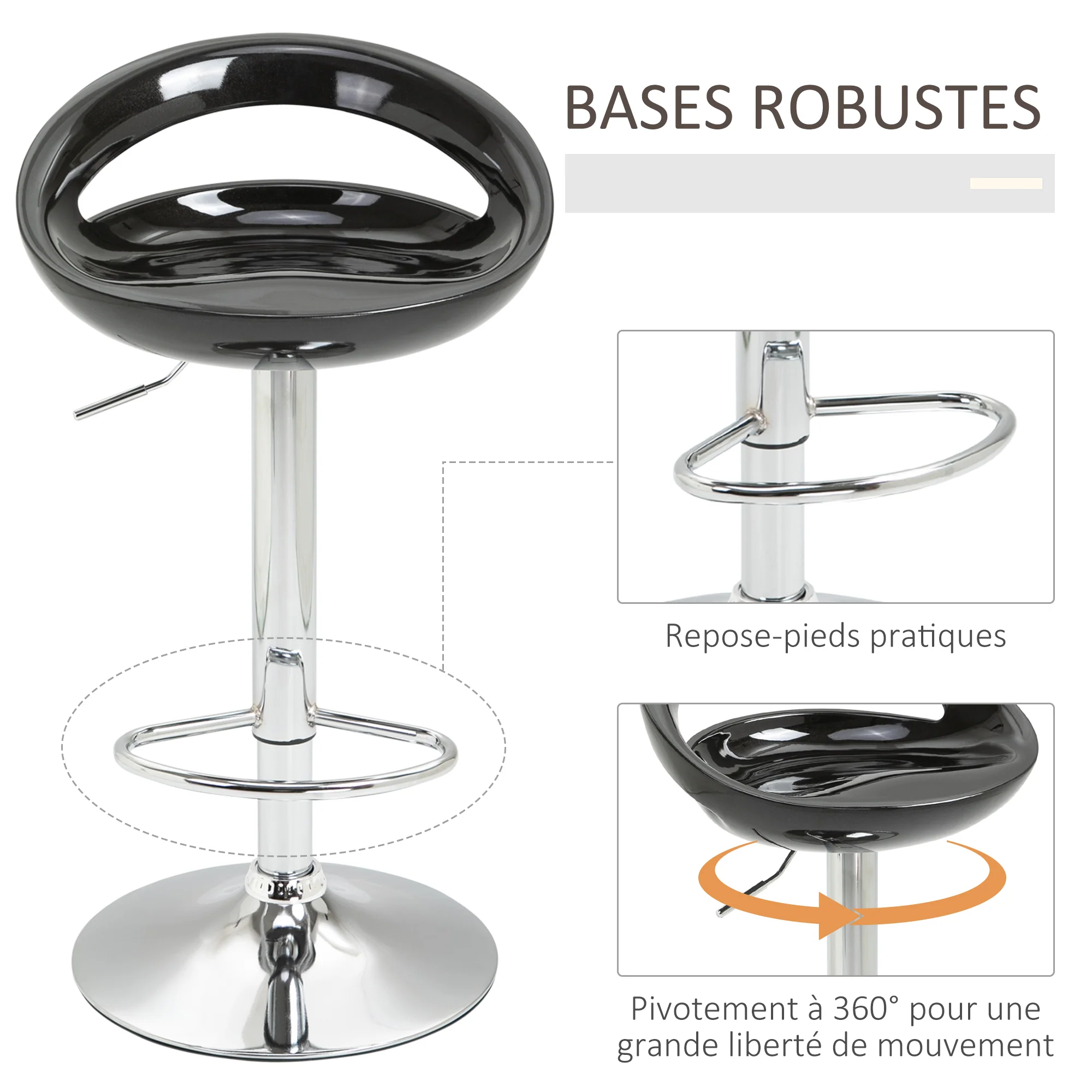 Lot de 2 tabourets de bar, chaises de bar réglable en hauteur, chaise haute cuisine avec dossier, repose-pieds, pivotant 360°, ABS et métal, pour salle à manger, comptoir, 46x41x76-96cm, noir - Image 6