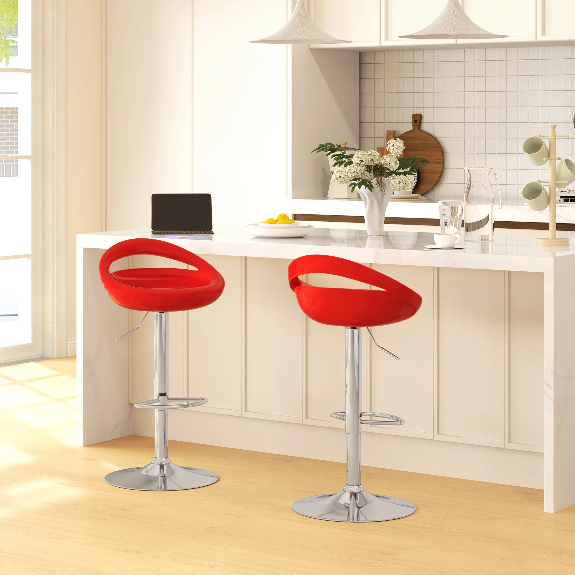 Lot de 2 tabourets de bar, chaises de bar réglable en hauteur, chaise haute cuisine avec dossier, repose-pieds, pivotant 360°, ABS et métal, pour salle à manger, comptoir, 46x41x76-96cm, rouge - Image 3