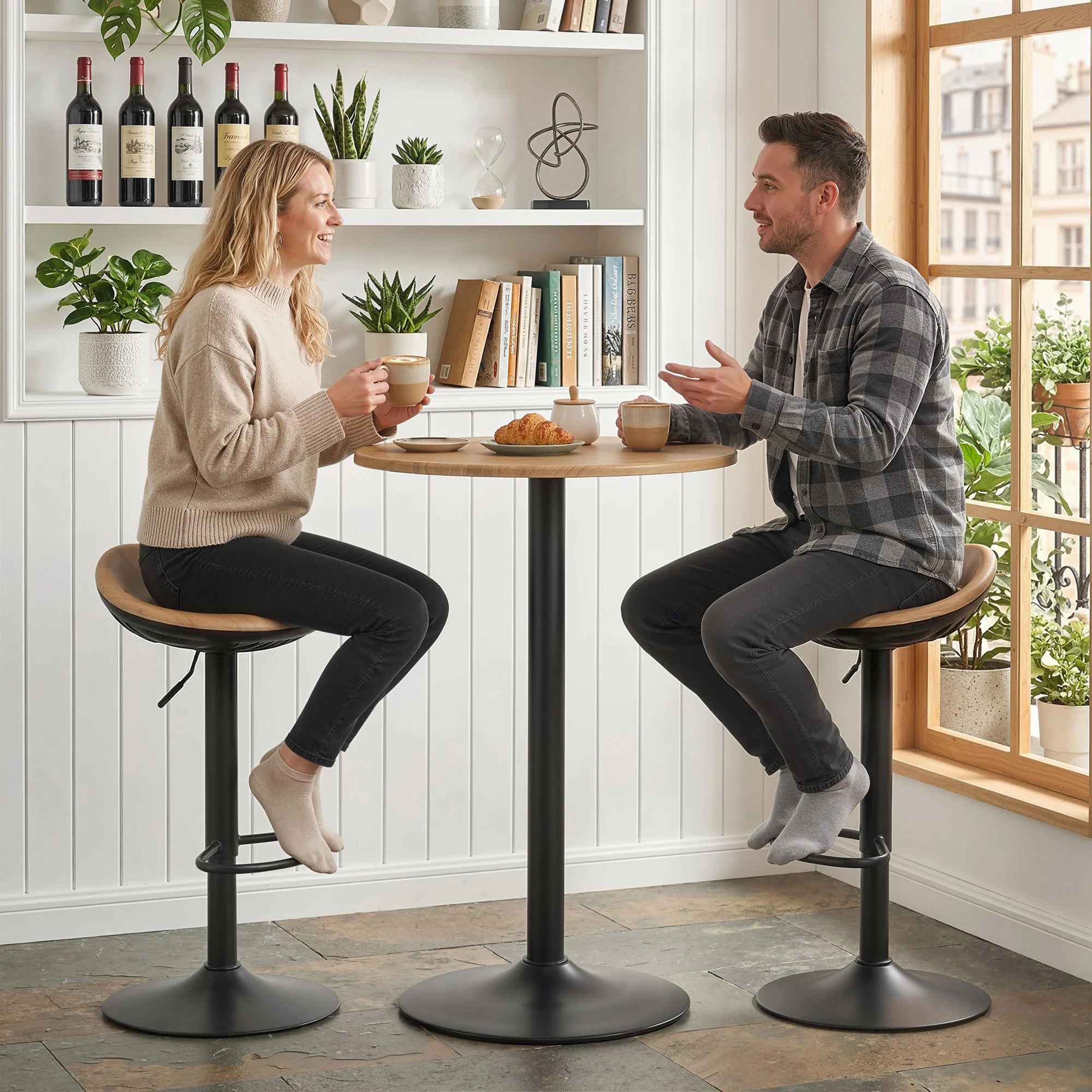 Lot de 2 tabourets de bar, chaises de bar réglables en hauteur, repose-pieds, pivotant 360°, assise selle effet bois en PU, base en acier, pour salle à manger, comptoir, 40x40x63-84cm, chêne - Image 10