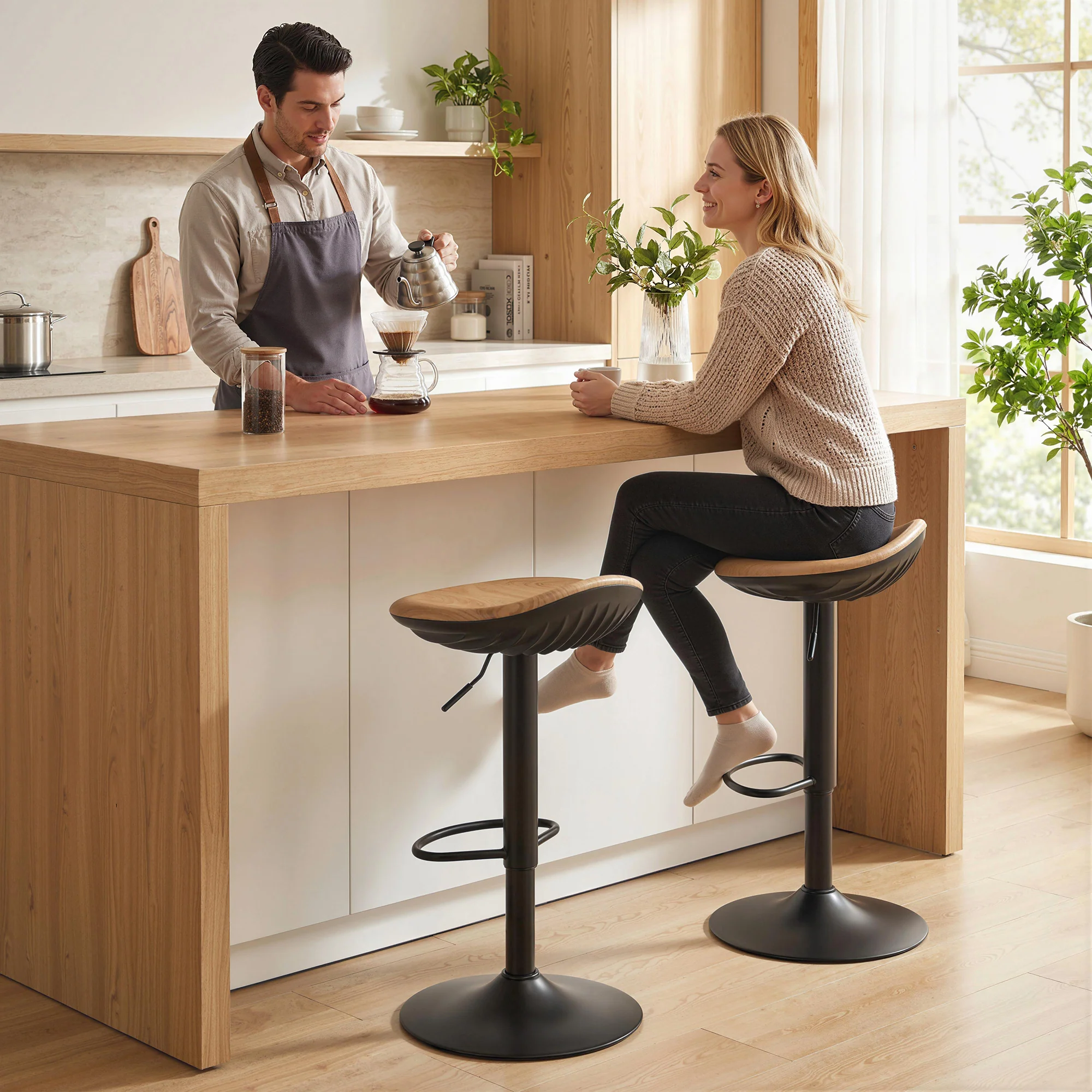 Lot de 2 tabourets de bar, chaises de bar réglables en hauteur, repose-pieds, pivotant 360°, assise selle effet bois en PU, base en acier, pour salle à manger, comptoir, 40x40x63-84cm, chêne - Image 11