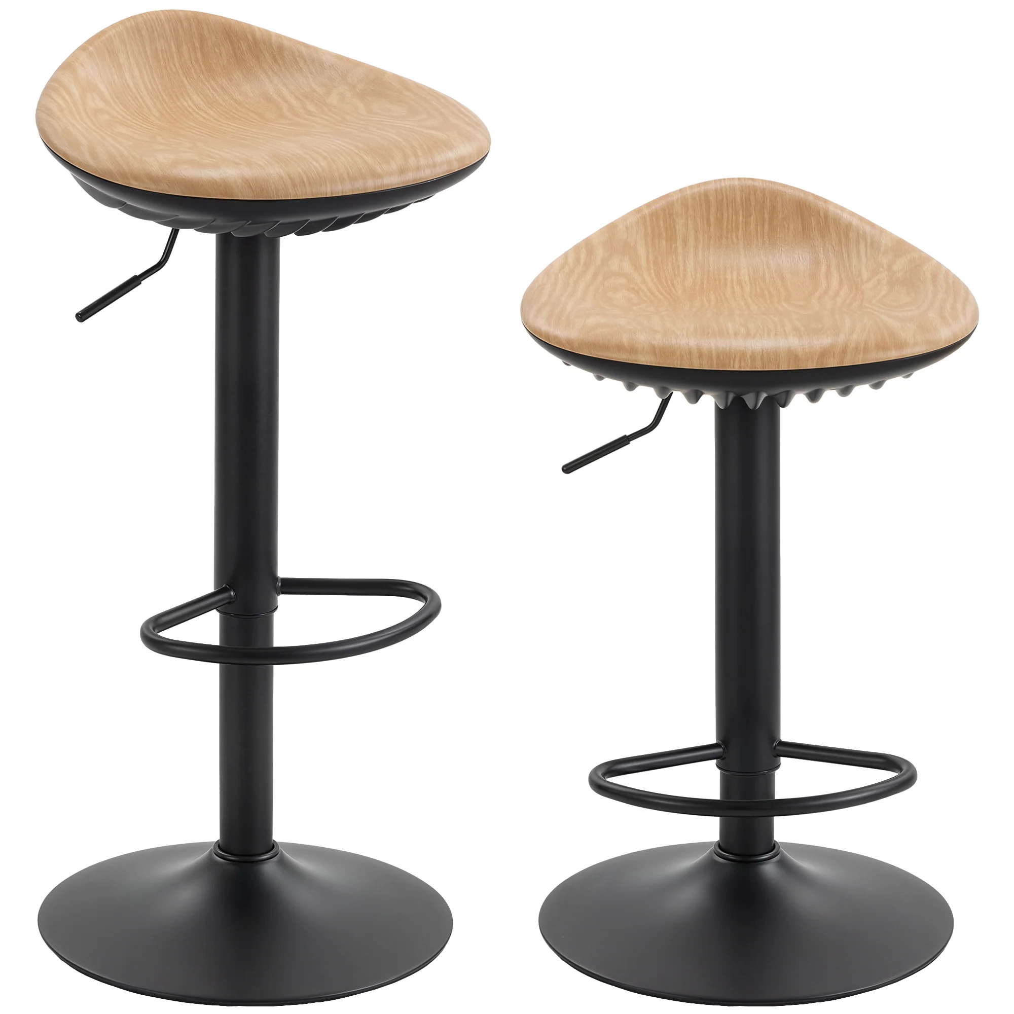 Lot de 2 tabourets de bar, chaises de bar réglables en hauteur, repose-pieds, pivotant 360°, assise selle effet bois en PU, base en acier, pour salle à manger, comptoir, 40x40x63-84cm, chêne - Image 12