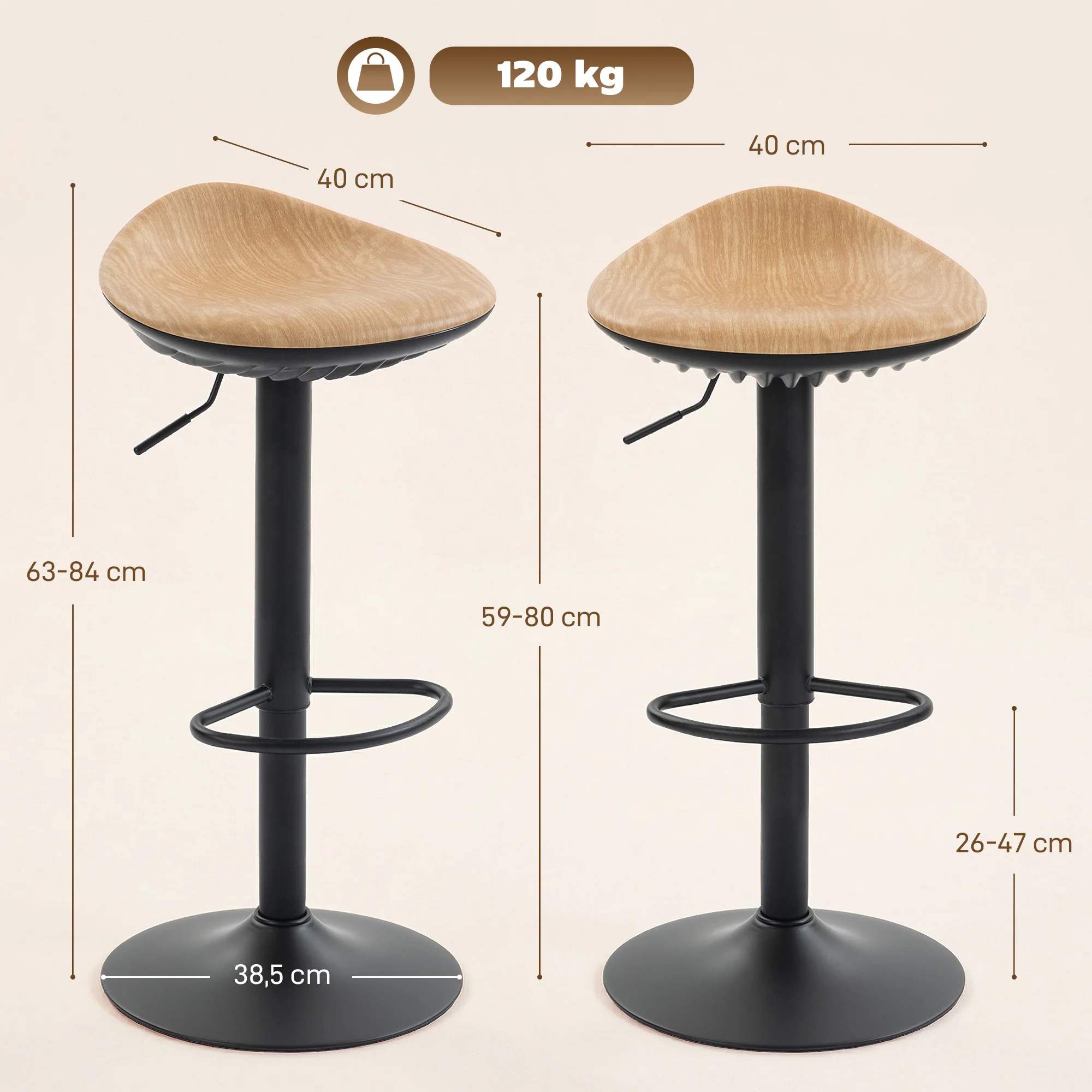 Lot de 2 tabourets de bar, chaises de bar réglables en hauteur, repose-pieds, pivotant 360°, assise selle effet bois en PU, base en acier, pour salle à manger, comptoir, 40x40x63-84cm, chêne - Image 4