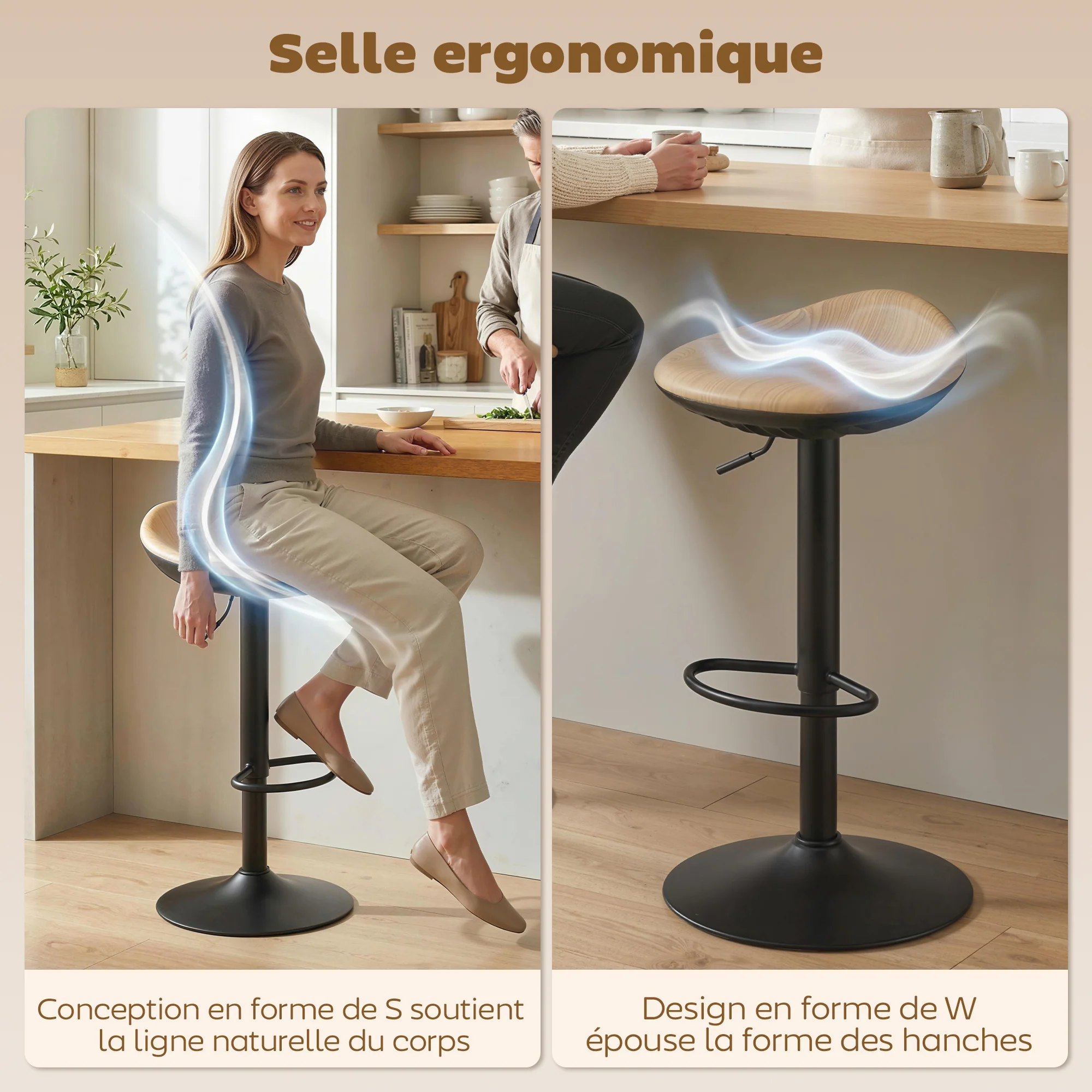 Lot de 2 tabourets de bar, chaises de bar réglables en hauteur, repose-pieds, pivotant 360°, assise selle effet bois en PU, base en acier, pour salle à manger, comptoir, 40x40x63-84cm, chêne - Image 5