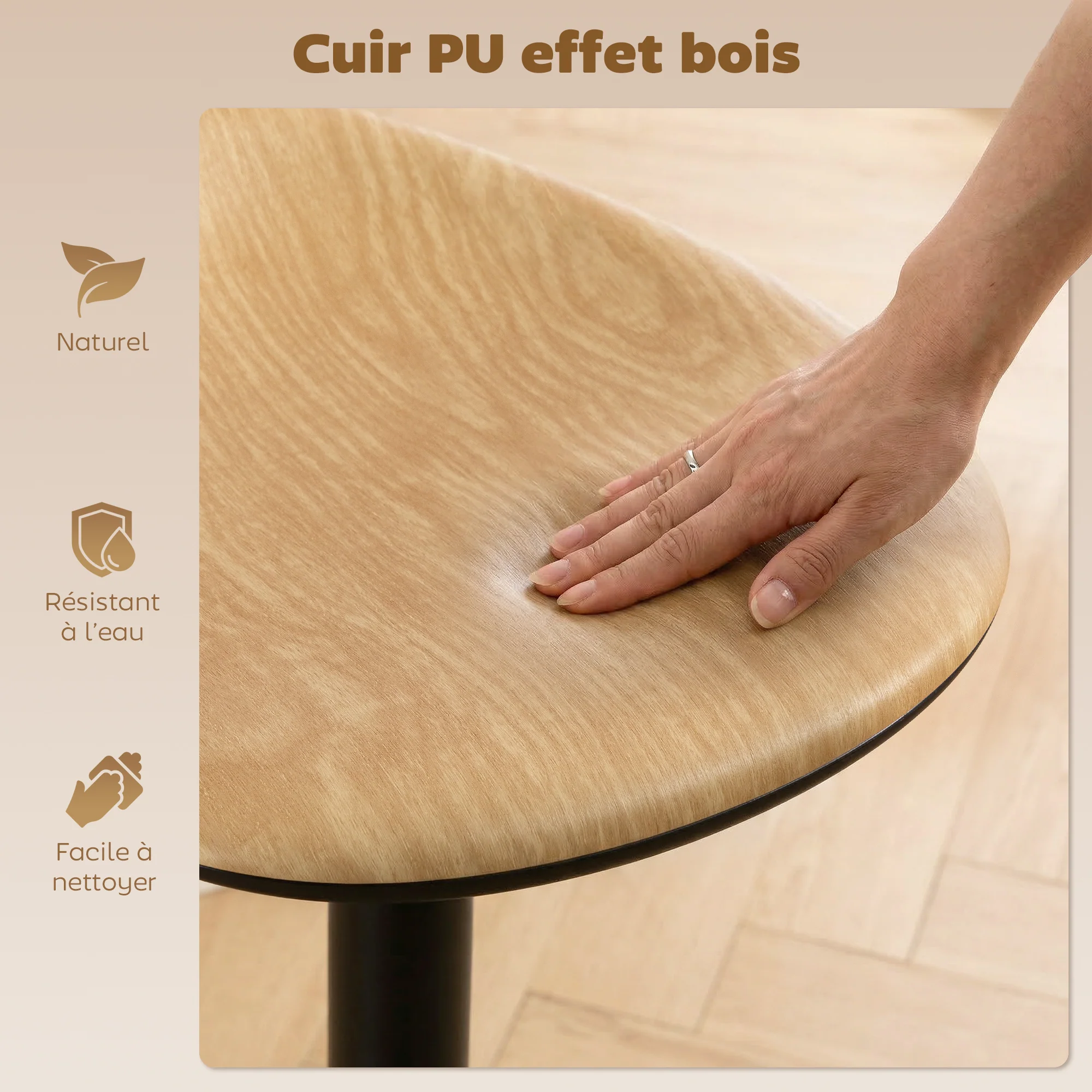 Lot de 2 tabourets de bar, chaises de bar réglables en hauteur, repose-pieds, pivotant 360°, assise selle effet bois en PU, base en acier, pour salle à manger, comptoir, 40x40x63-84cm, chêne - Image 6