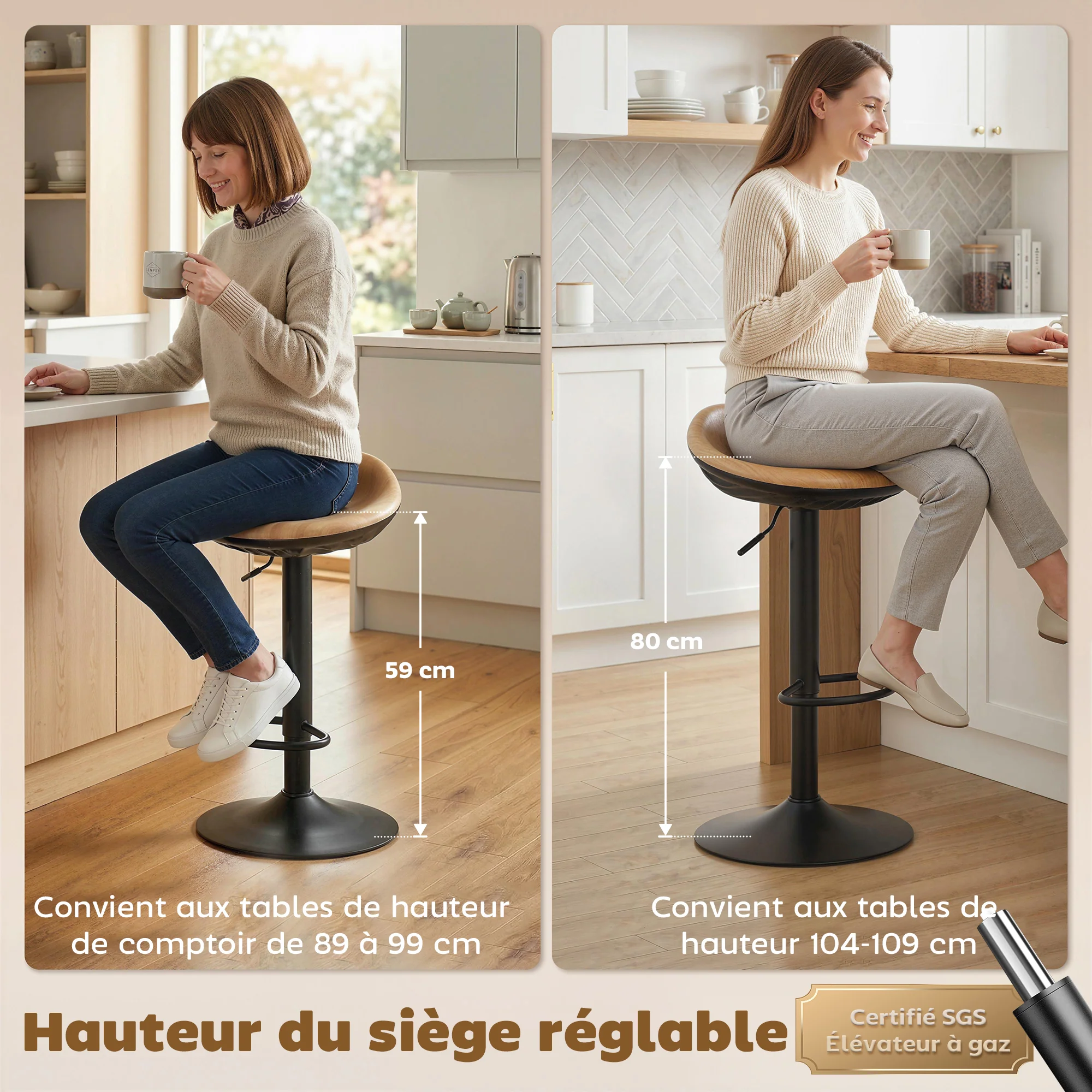 Lot de 2 tabourets de bar, chaises de bar réglables en hauteur, repose-pieds, pivotant 360°, assise selle effet bois en PU, base en acier, pour salle à manger, comptoir, 40x40x63-84cm, chêne - Image 7