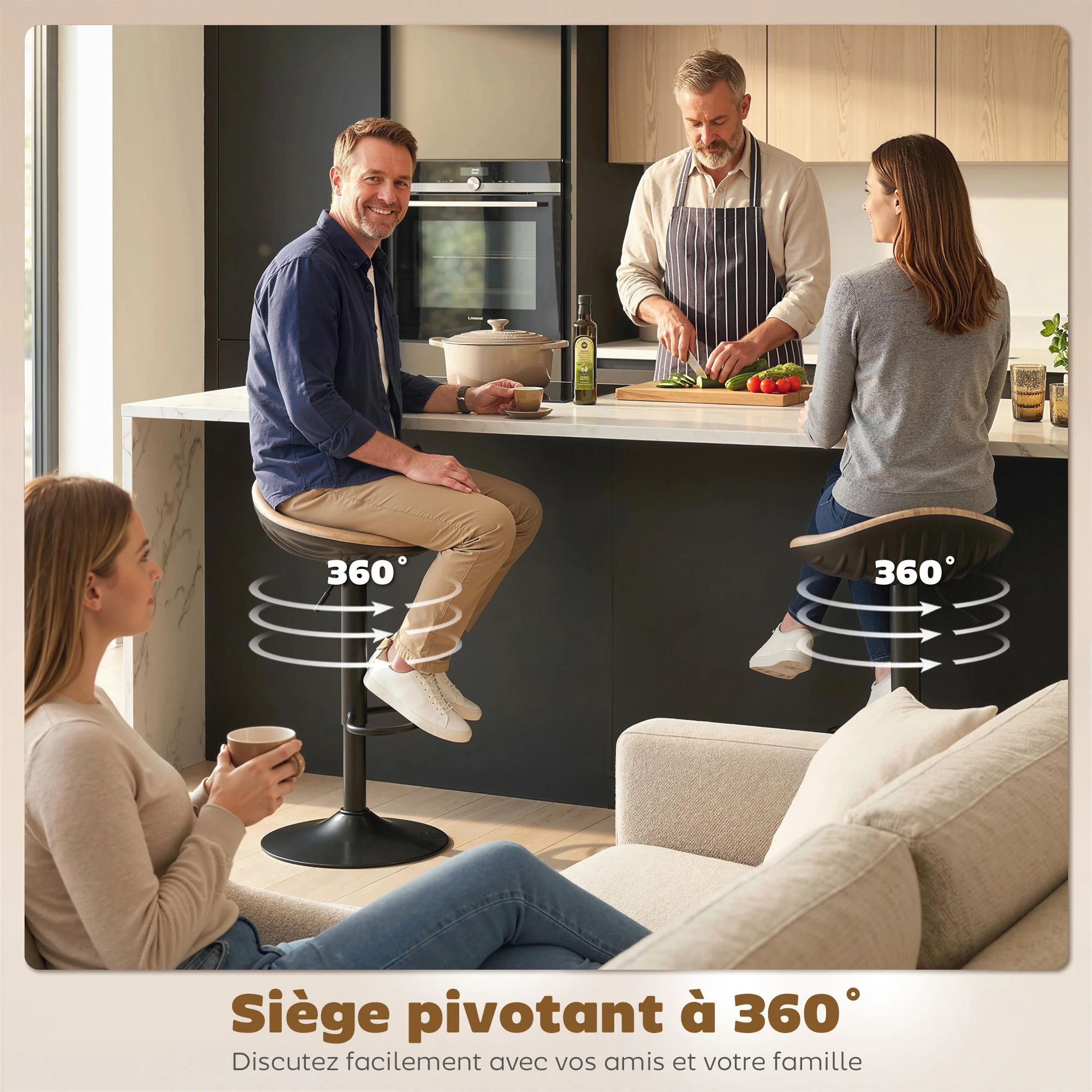 Lot de 2 tabourets de bar, chaises de bar réglables en hauteur, repose-pieds, pivotant 360°, assise selle effet bois en PU, base en acier, pour salle à manger, comptoir, 40x40x63-84cm, chêne - Image 8