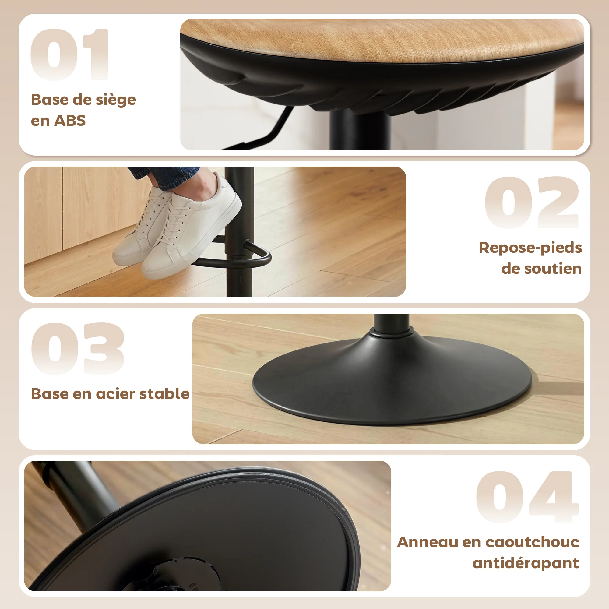 Lot de 2 tabourets de bar, chaises de bar réglables en hauteur, repose-pieds, pivotant 360°, assise selle effet bois en PU, base en acier, pour salle à manger, comptoir, 40x40x63-84cm, chêne - Image 9