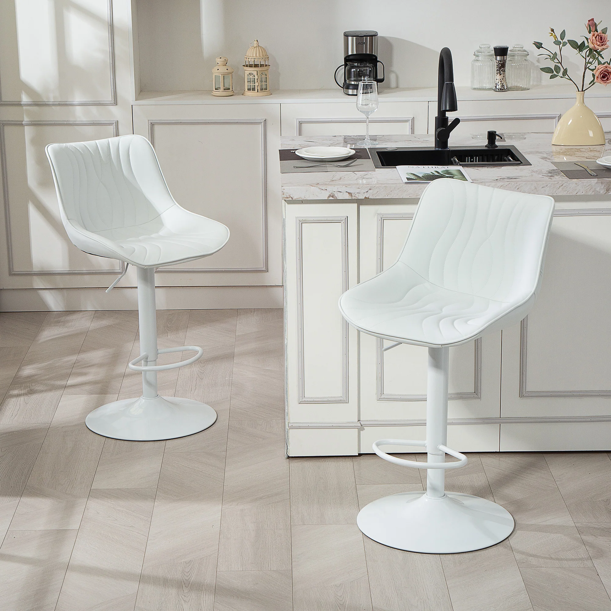 Lot de 2 tabourets de bar, chaises de bar, structure en acier, hauteur réglable 92-110 cm, chaises hautes avec dossier et repose-pieds, design moderne, siège en polyuréthane, blanc - Image 3
