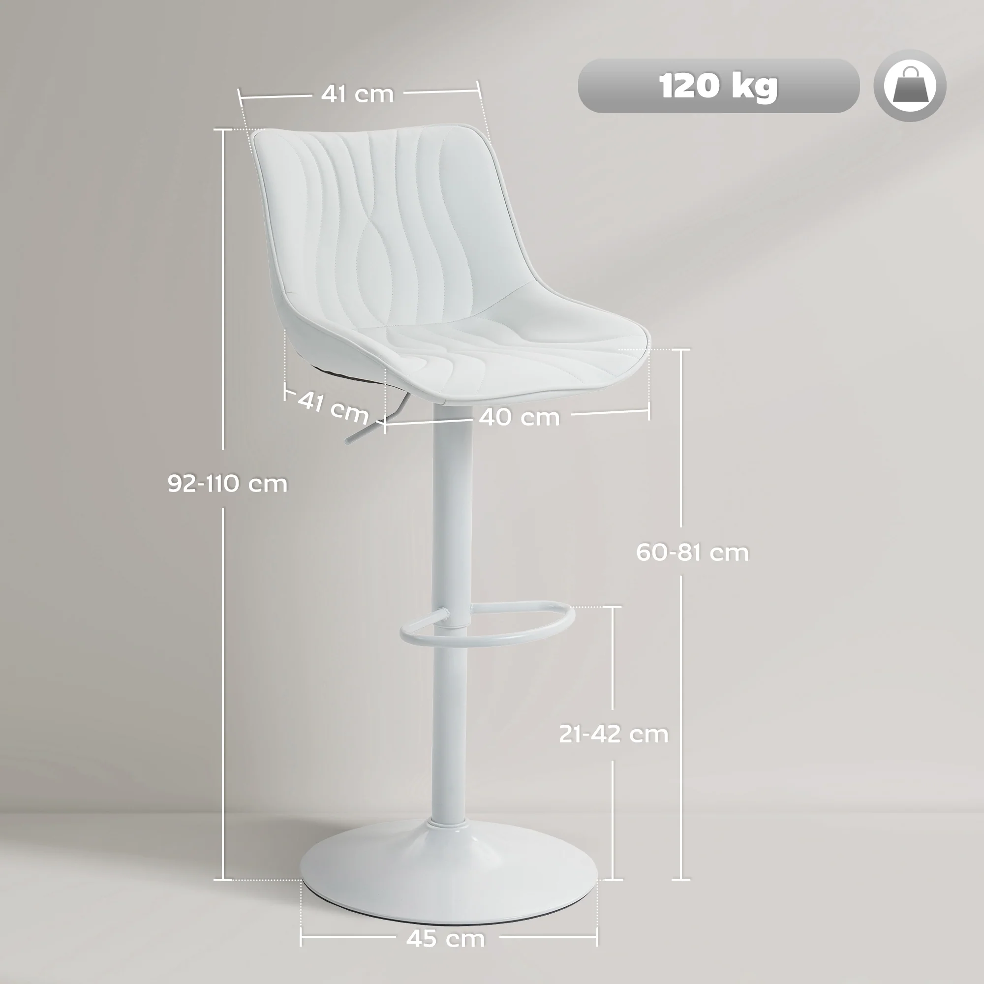 Lot de 2 tabourets de bar, chaises de bar, structure en acier, hauteur réglable 92-110 cm, chaises hautes avec dossier et repose-pieds, design moderne, siège en polyuréthane, blanc - Image 4