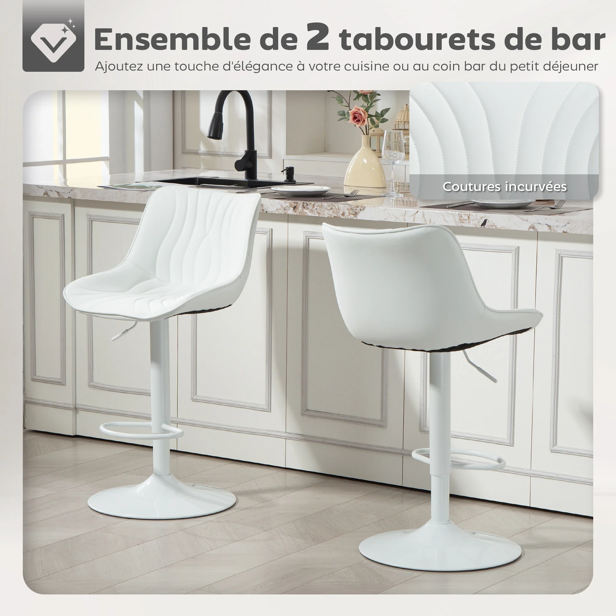Lot de 2 tabourets de bar, chaises de bar, structure en acier, hauteur réglable 92-110 cm, chaises hautes avec dossier et repose-pieds, design moderne, siège en polyuréthane, blanc - Image 5