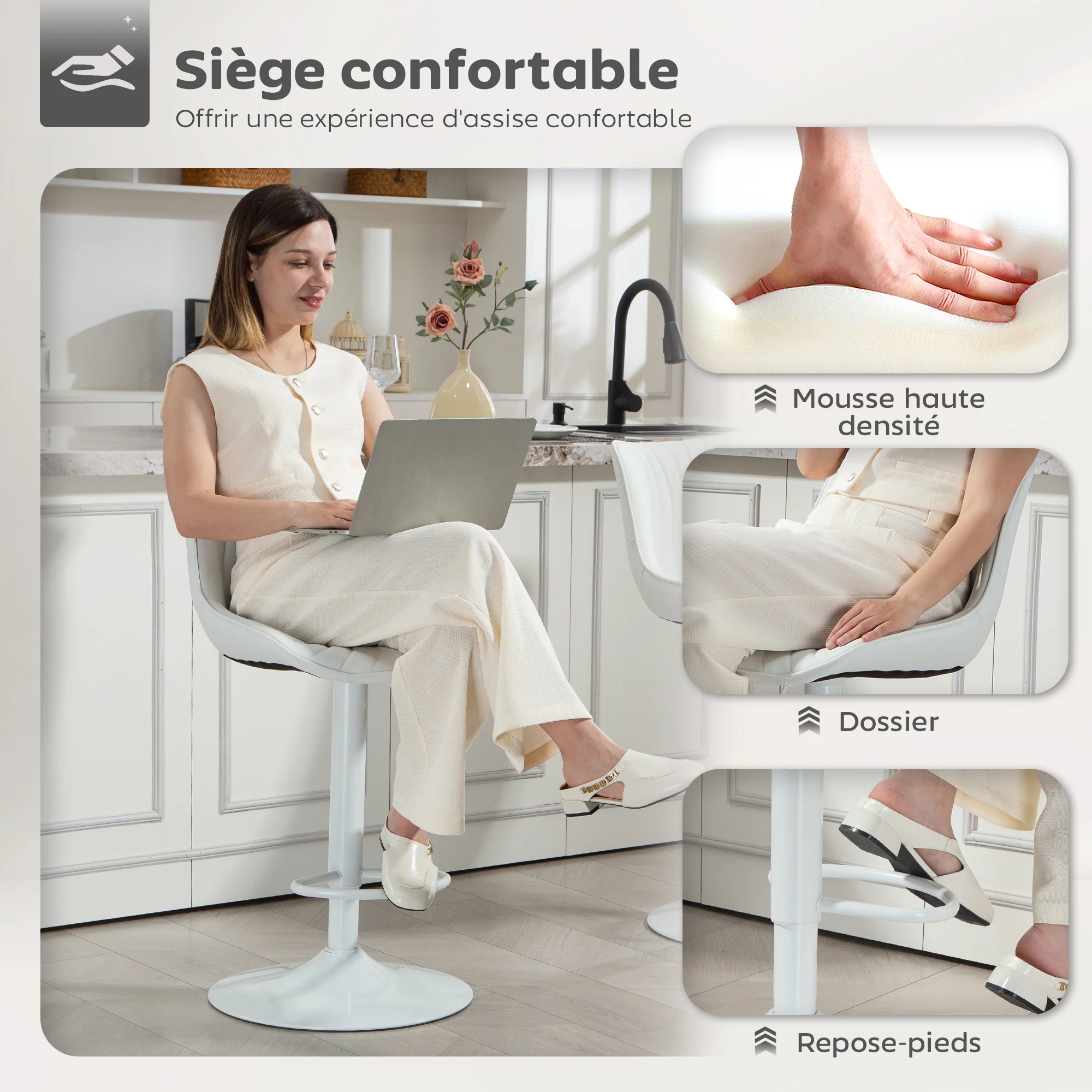Lot de 2 tabourets de bar, chaises de bar, structure en acier, hauteur réglable 92-110 cm, chaises hautes avec dossier et repose-pieds, design moderne, siège en polyuréthane, blanc - Image 7
