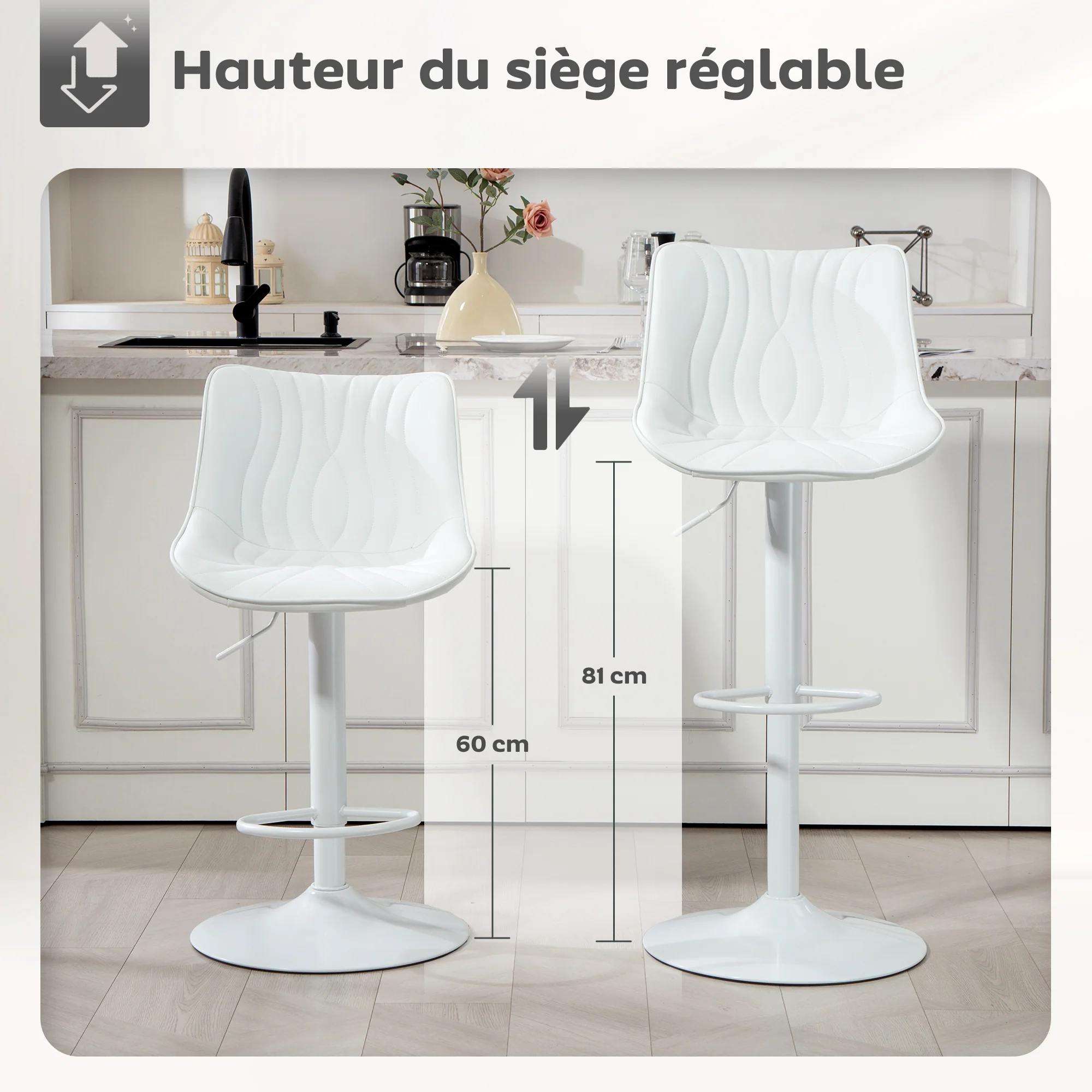 Lot de 2 tabourets de bar, chaises de bar, structure en acier, hauteur réglable 92-110 cm, chaises hautes avec dossier et repose-pieds, design moderne, siège en polyuréthane, blanc - Image 8