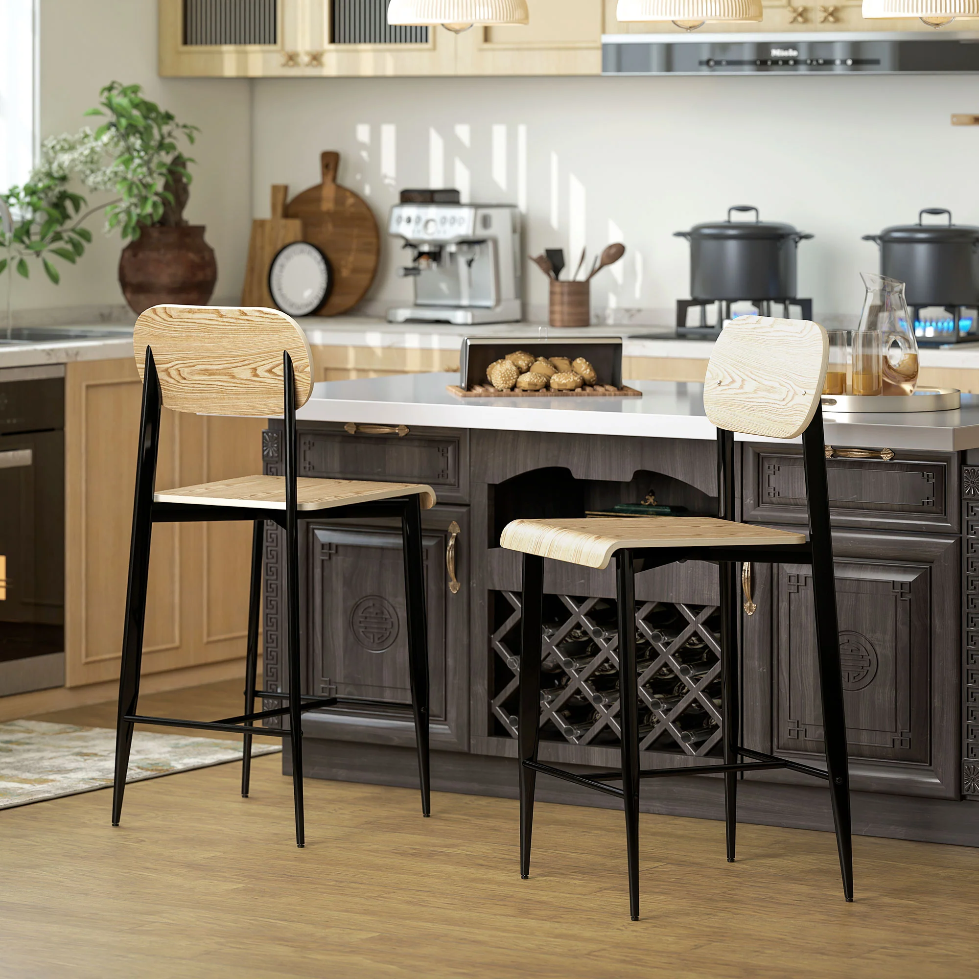Lot de 2 tabourets de bar, chaises de bar, tabourets de cuisine hauts 65H cm avec dossier, structure en acier, effet bois naturel - Image 8