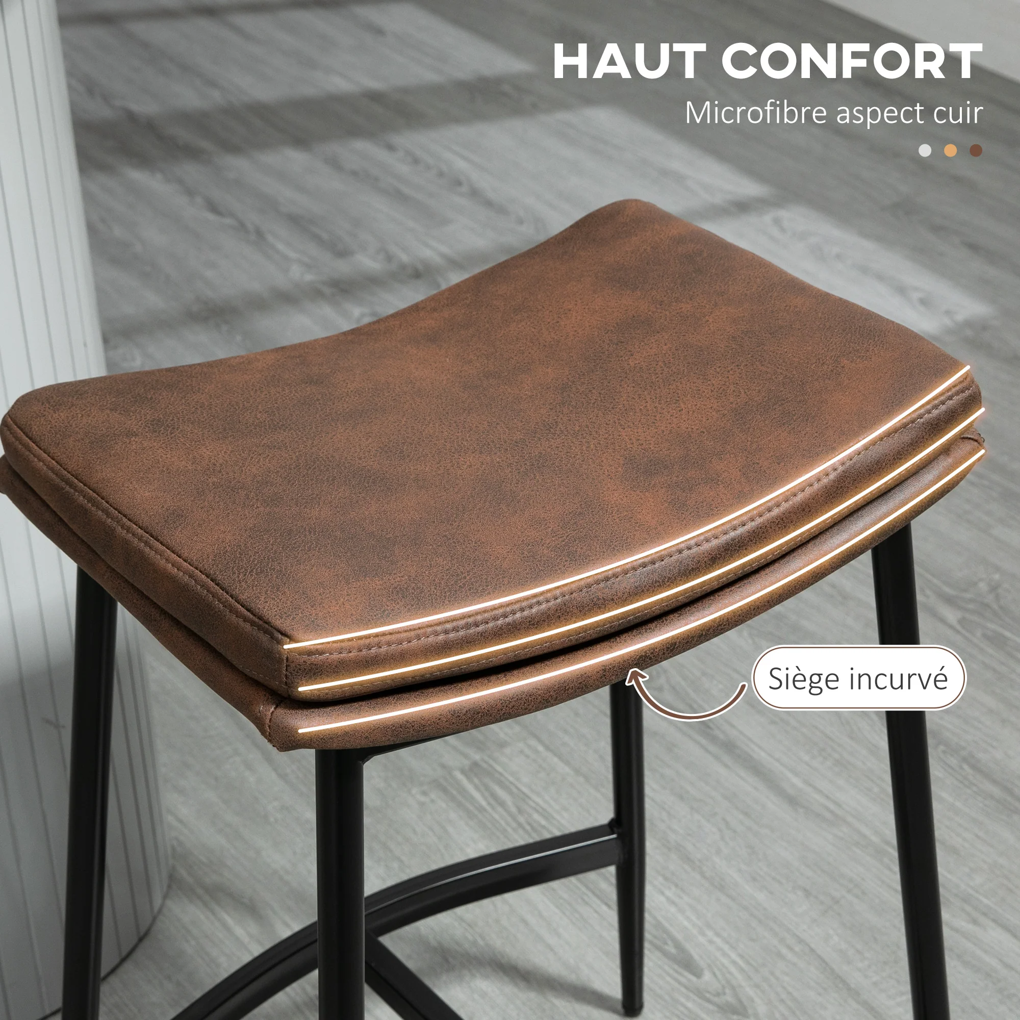 Lot de 2 tabourets de bar chaises hautes avec repose-pieds acier - style industriel - assise incurvée - 48,5 x 38,5 x 68,5 cm marron noir - Image 6