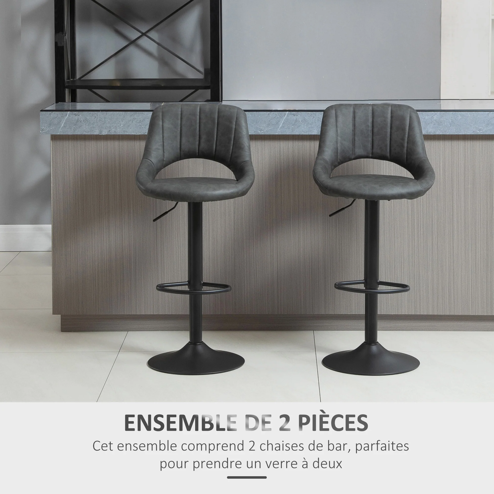 Lot de 2 tabourets de bar design contemporain avec repose-pieds hauteur réglable et pivotant - revêtement synthétique - pied métal noir - Image 5