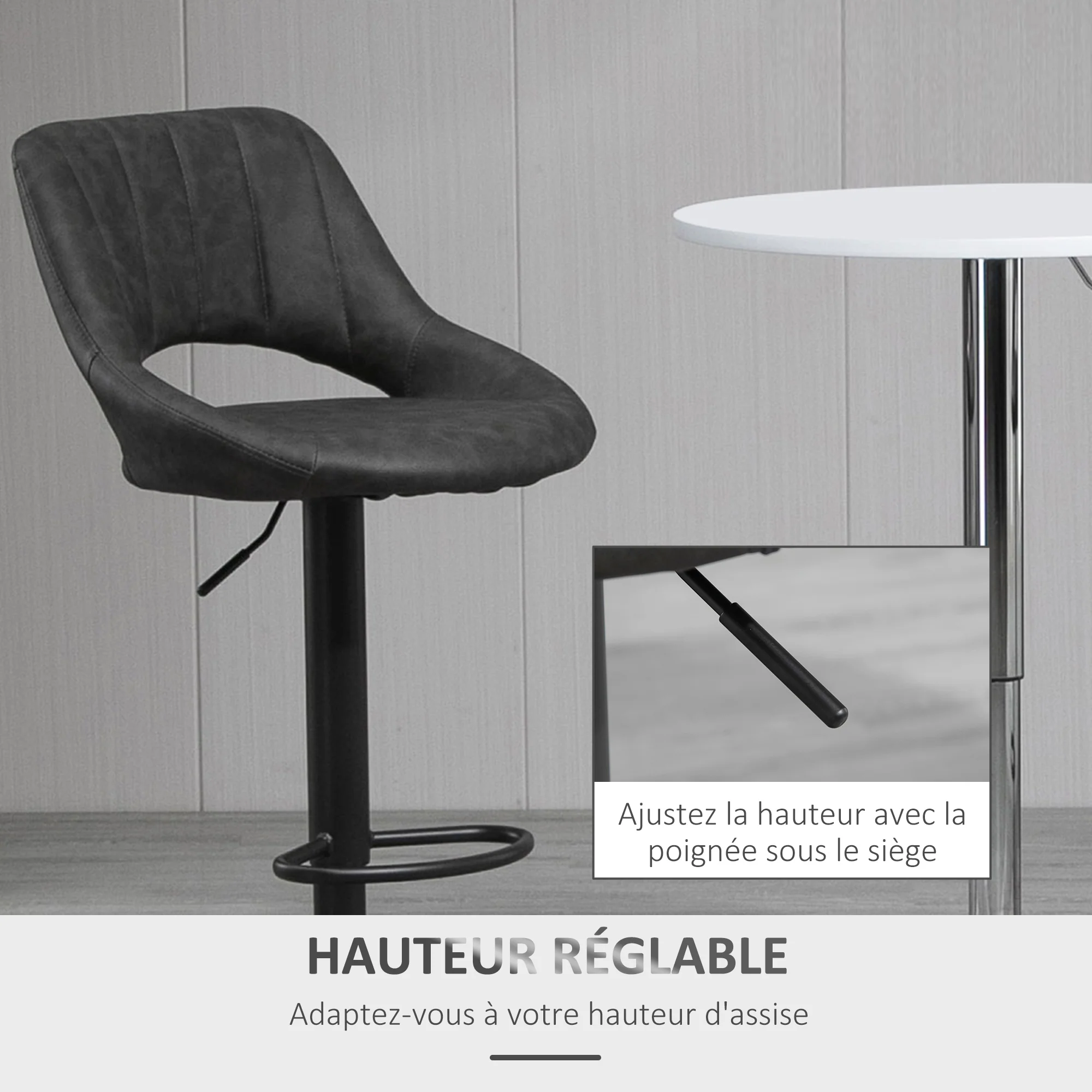 Lot de 2 tabourets de bar design contemporain avec repose-pieds hauteur réglable et pivotant - revêtement synthétique - pied métal noir - Image 6