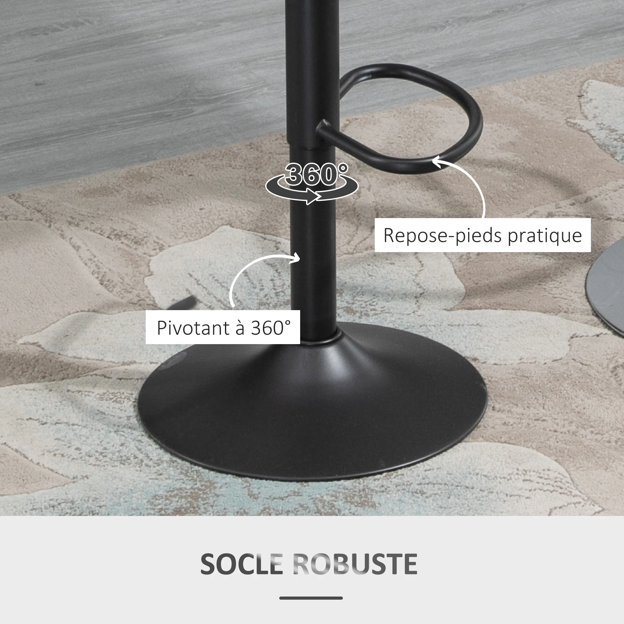 Lot de 2 tabourets de bar design contemporain avec repose-pieds hauteur réglable et pivotant - revêtement synthétique - pied métal noir - Image 7