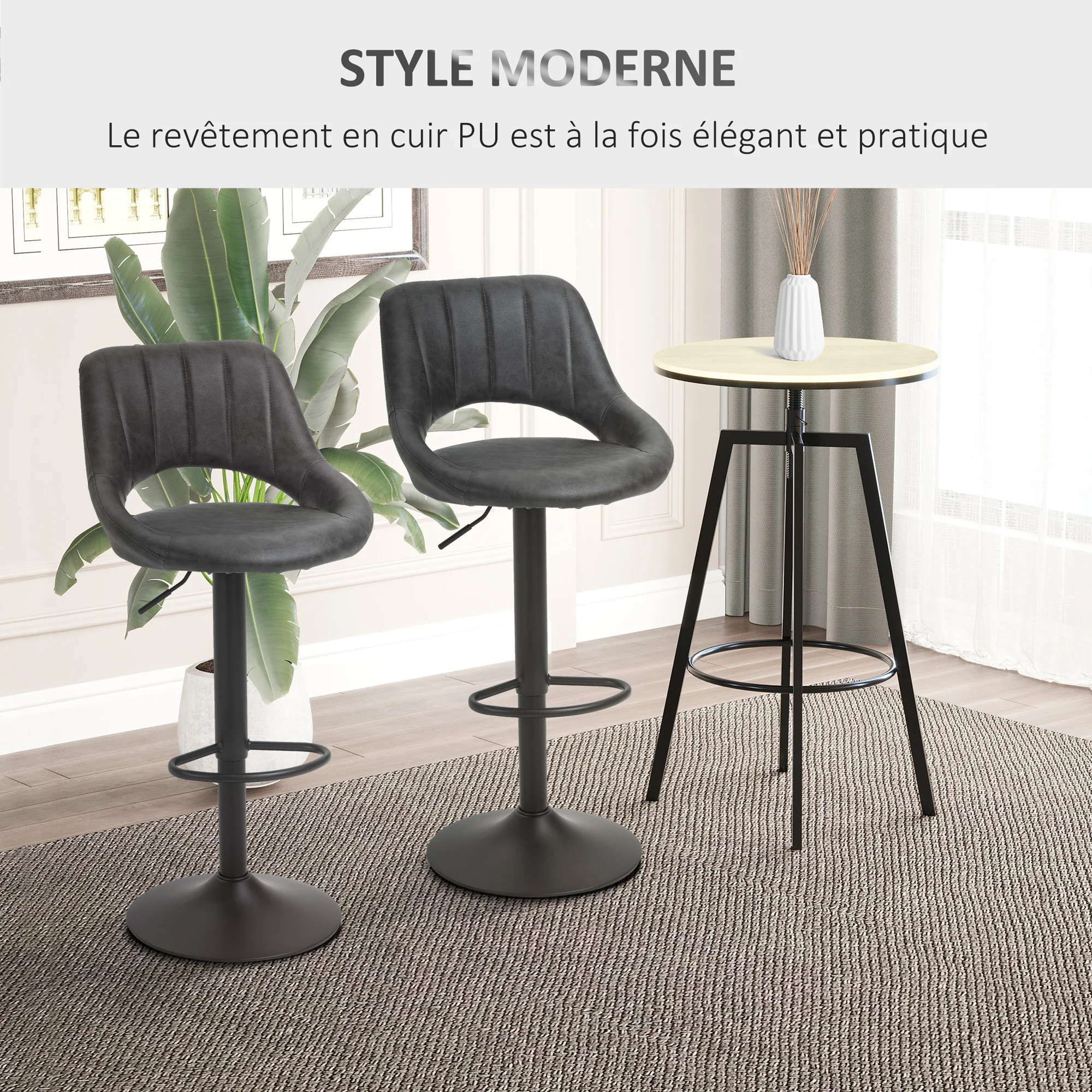 Lot de 2 tabourets de bar design contemporain avec repose-pieds hauteur réglable et pivotant - revêtement synthétique - pied métal noir - Image 8