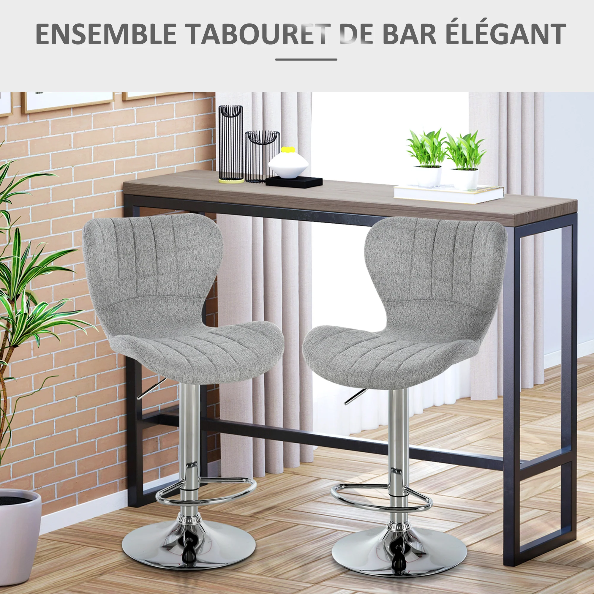 Lot de 2 Tabourets de Bar Design Contemporain Hauteur d'assise réglable 59-81 cm pivotant 360° Lin Gris - Image 5