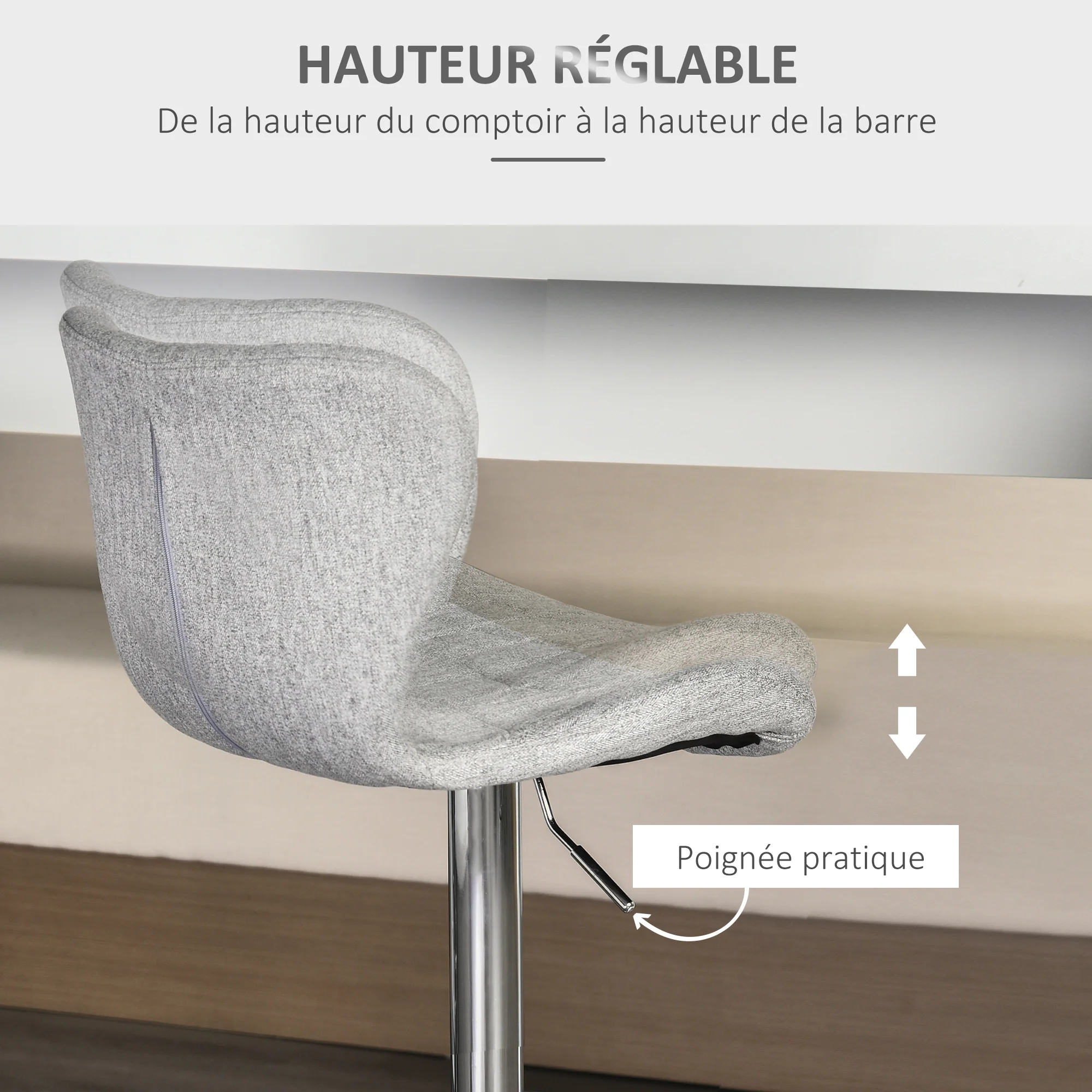 Lot de 2 Tabourets de Bar Design Contemporain Hauteur d'assise réglable 59-81 cm pivotant 360° Lin Gris - Image 6