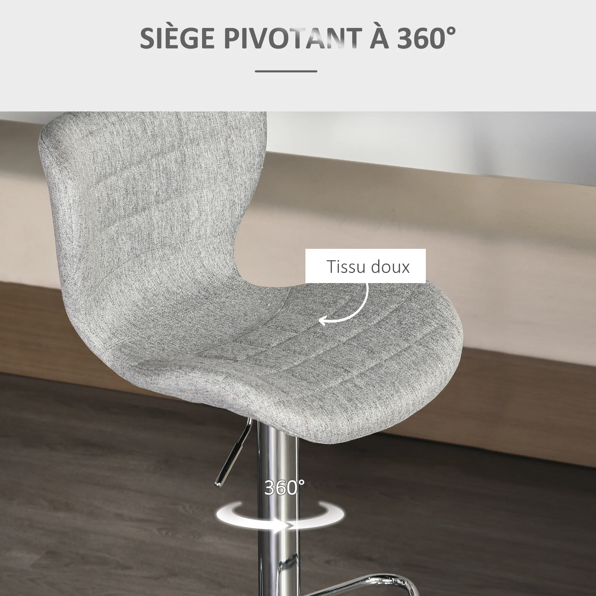 Lot de 2 Tabourets de Bar Design Contemporain Hauteur d'assise réglable 59-81 cm pivotant 360° Lin Gris - Image 7