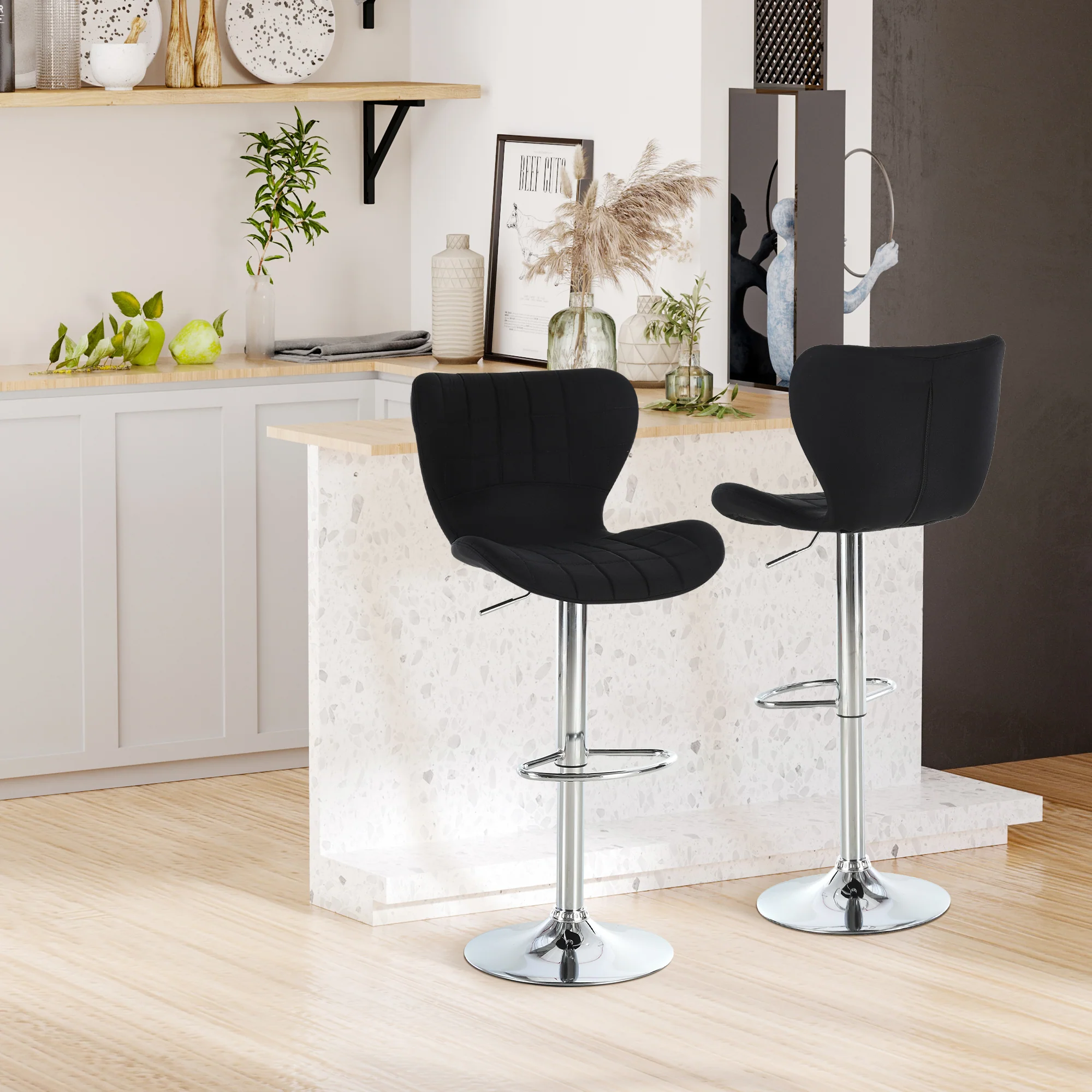 Lot de 2 Tabourets de Bar Design Contemporain Hauteur d'assise réglable 59-81 cm pivotant 360° Lin Noir - Image 3