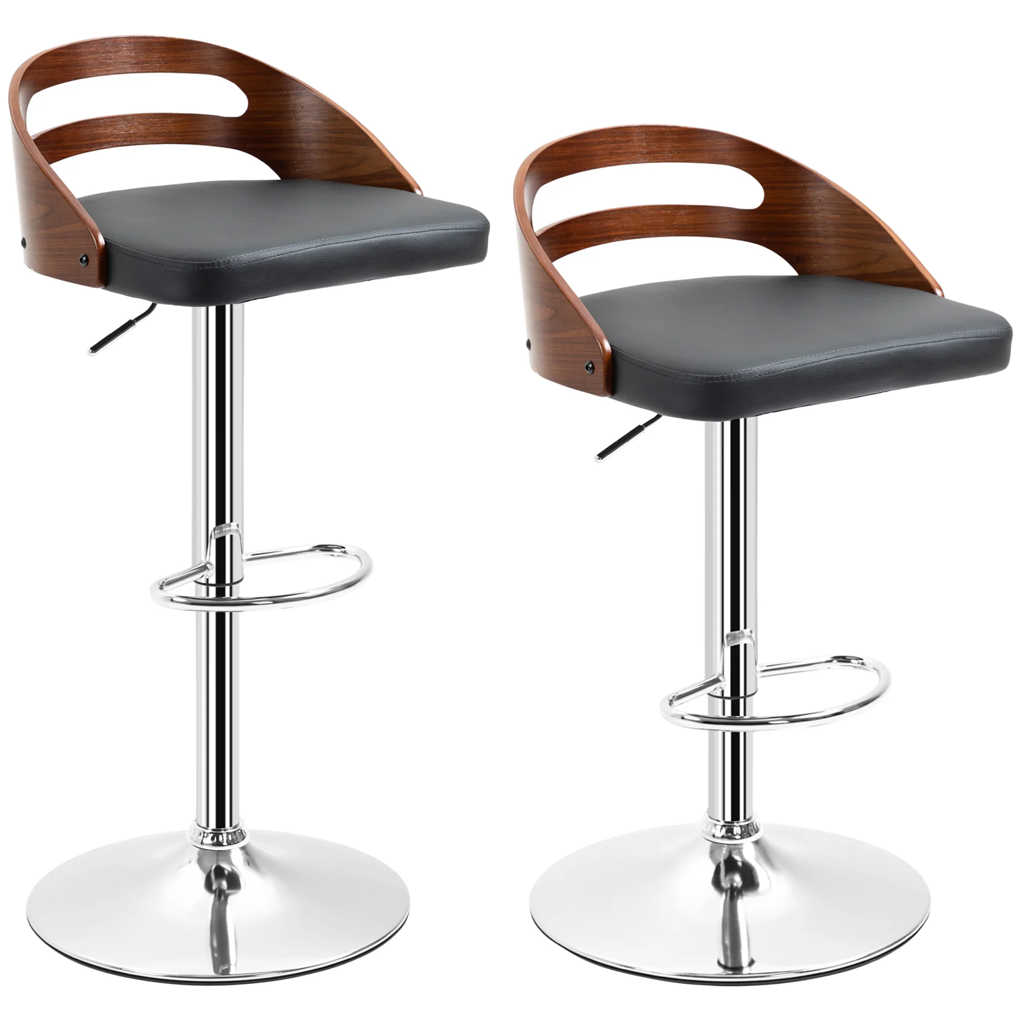 Lot de 2 tabourets de Bar Design Contemporain Hauteur d'assise réglable pivotant 360° revêtement synthétique Noir Dossier ajouré Aspect Bois - Image 2