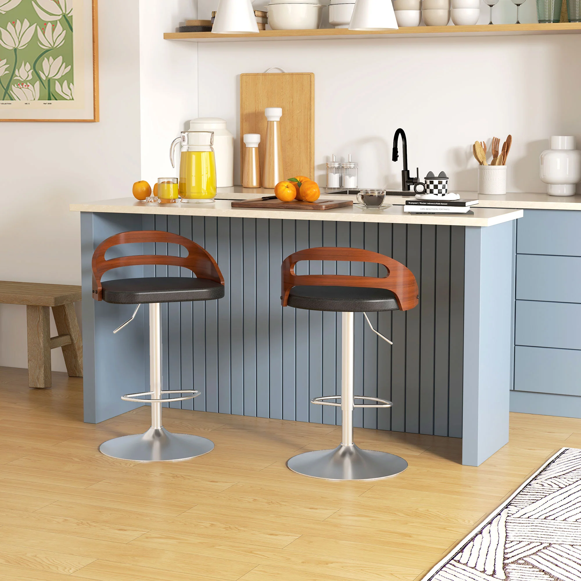 Lot de 2 tabourets de Bar Design Contemporain Hauteur d'assise réglable pivotant 360° revêtement synthétique Noir Dossier ajouré Aspect Bois - Image 3