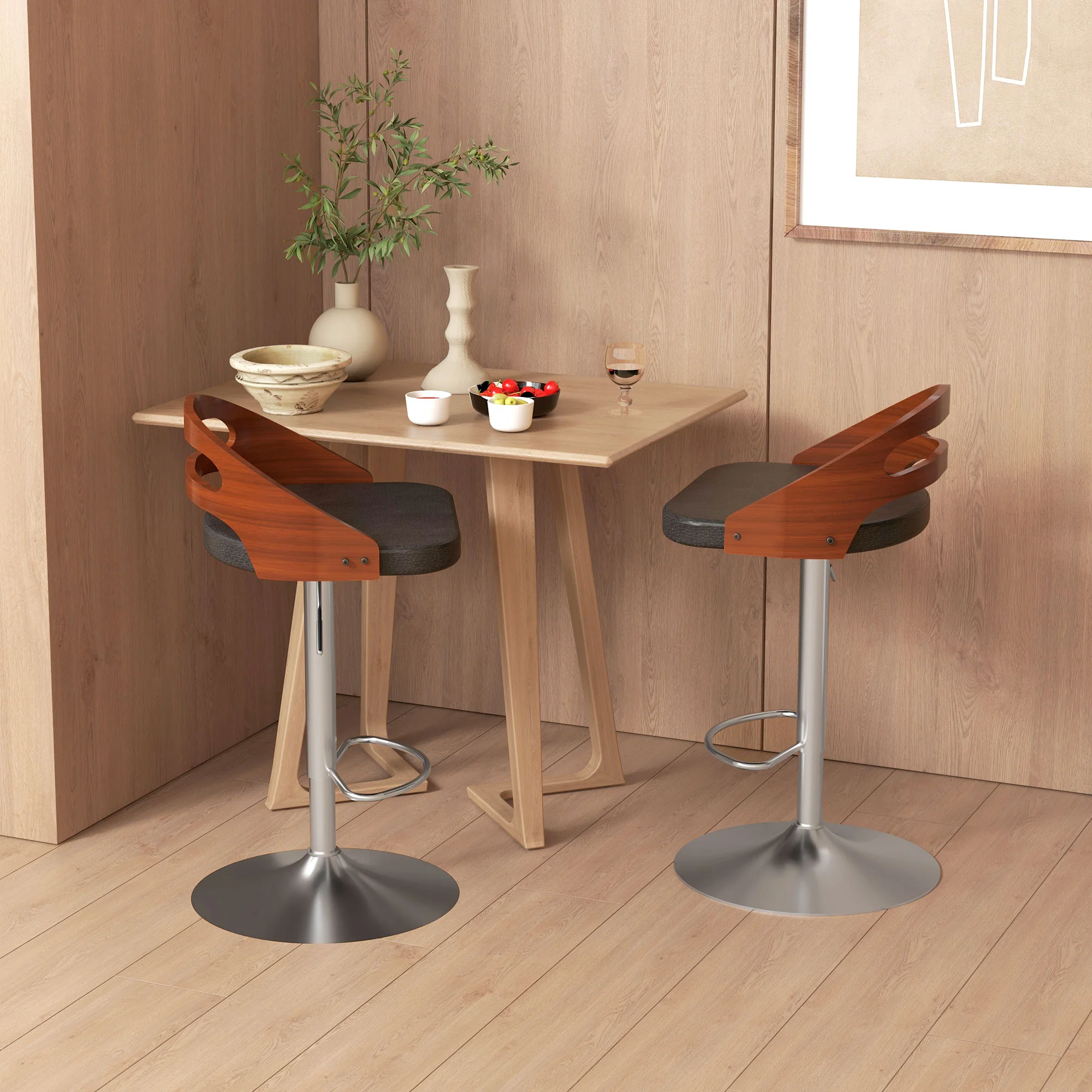 Lot de 2 tabourets de Bar Design Contemporain Hauteur d'assise réglable pivotant 360° revêtement synthétique Noir Dossier ajouré Aspect Bois - Image 4