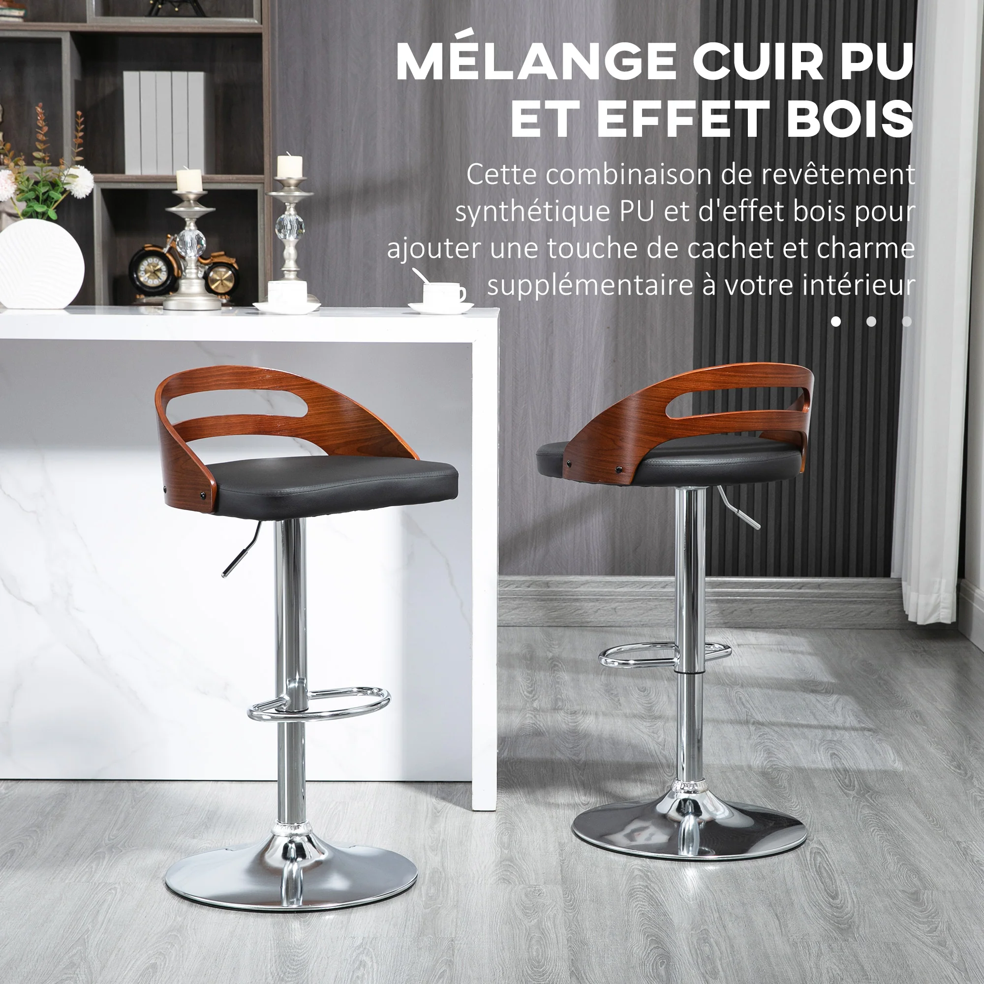 Lot de 2 tabourets de Bar Design Contemporain Hauteur d'assise réglable pivotant 360° revêtement synthétique Noir Dossier ajouré Aspect Bois - Image 6