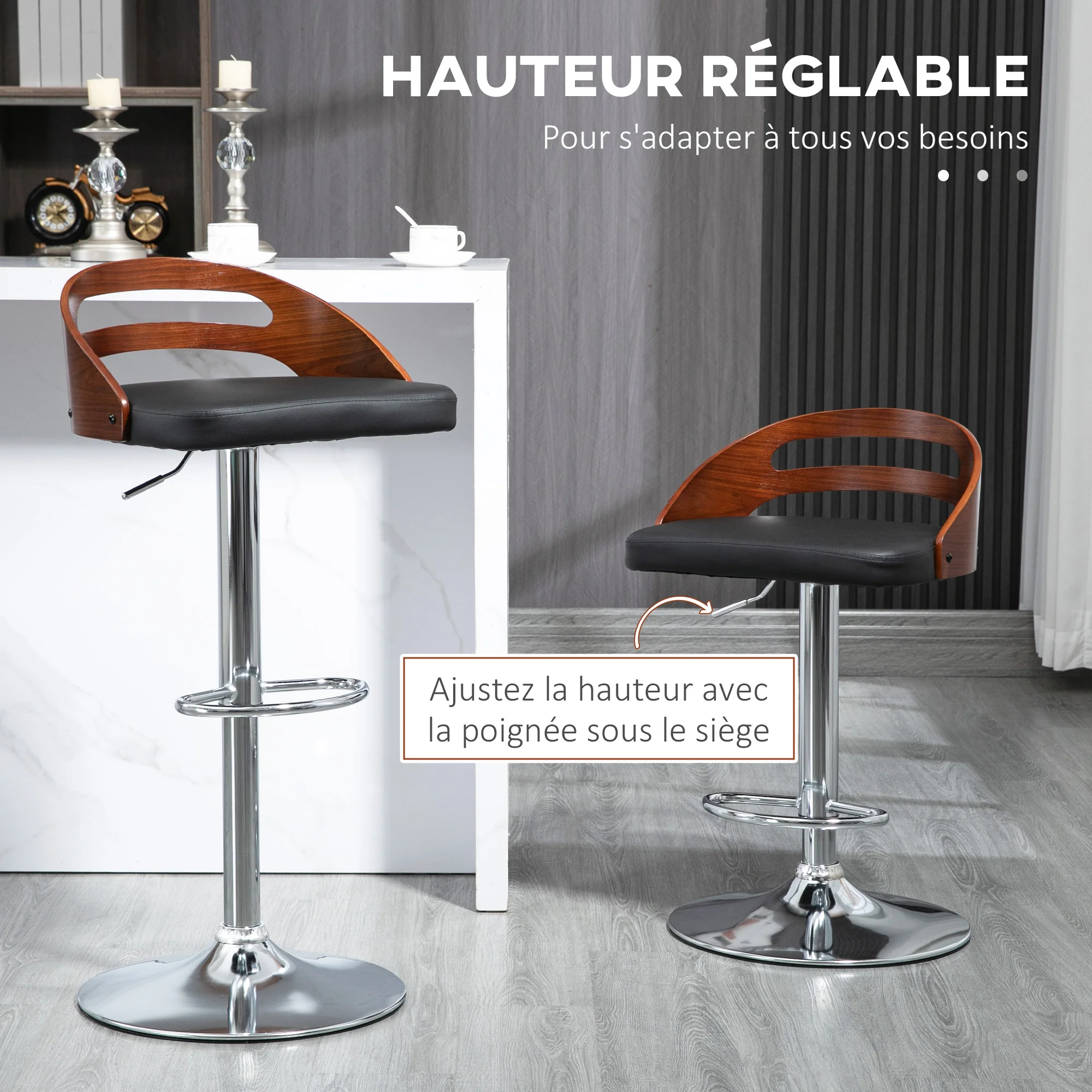 Lot de 2 tabourets de Bar Design Contemporain Hauteur d'assise réglable pivotant 360° revêtement synthétique Noir Dossier ajouré Aspect Bois - Image 7