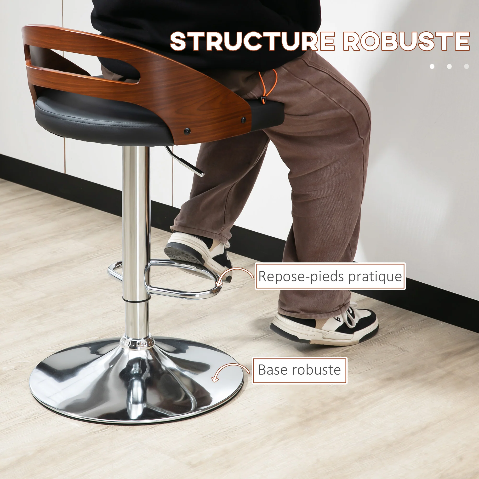 Lot de 2 tabourets de Bar Design Contemporain Hauteur d'assise réglable pivotant 360° revêtement synthétique Noir Dossier ajouré Aspect Bois - Image 8