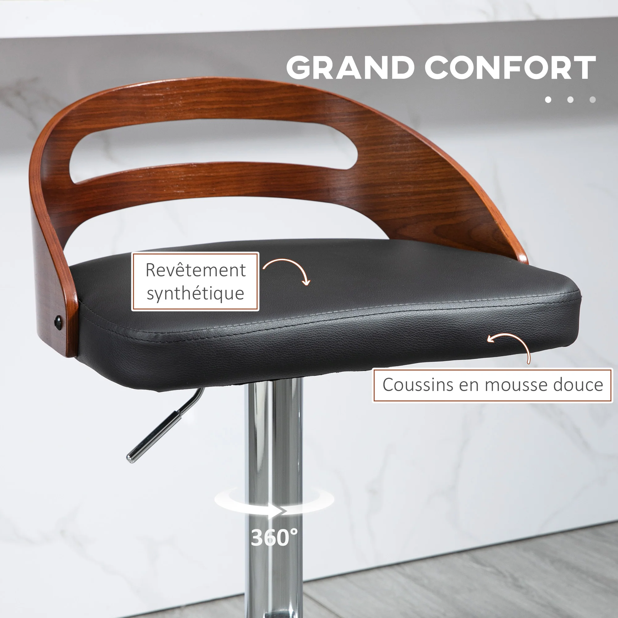Lot de 2 tabourets de Bar Design Contemporain Hauteur d'assise réglable pivotant 360° revêtement synthétique Noir Dossier ajouré Aspect Bois - Image 9