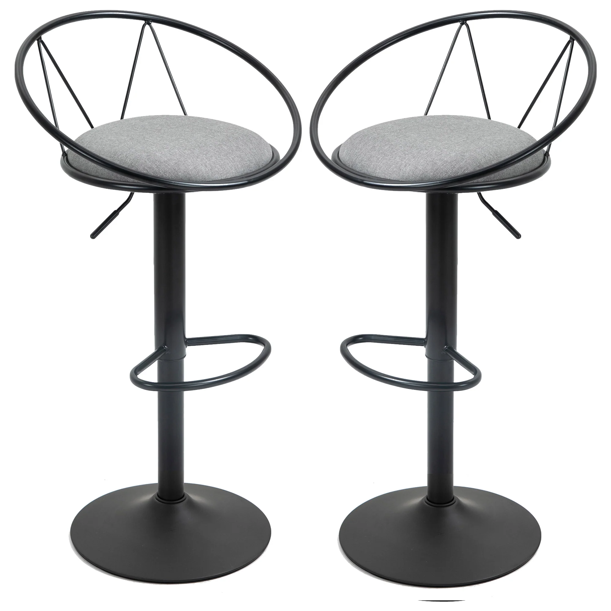 Lot de 2 tabourets de Bar Design néo-rétro réglable pivotant avec Repose-Pied métal Noir Lin Gris - Image 2