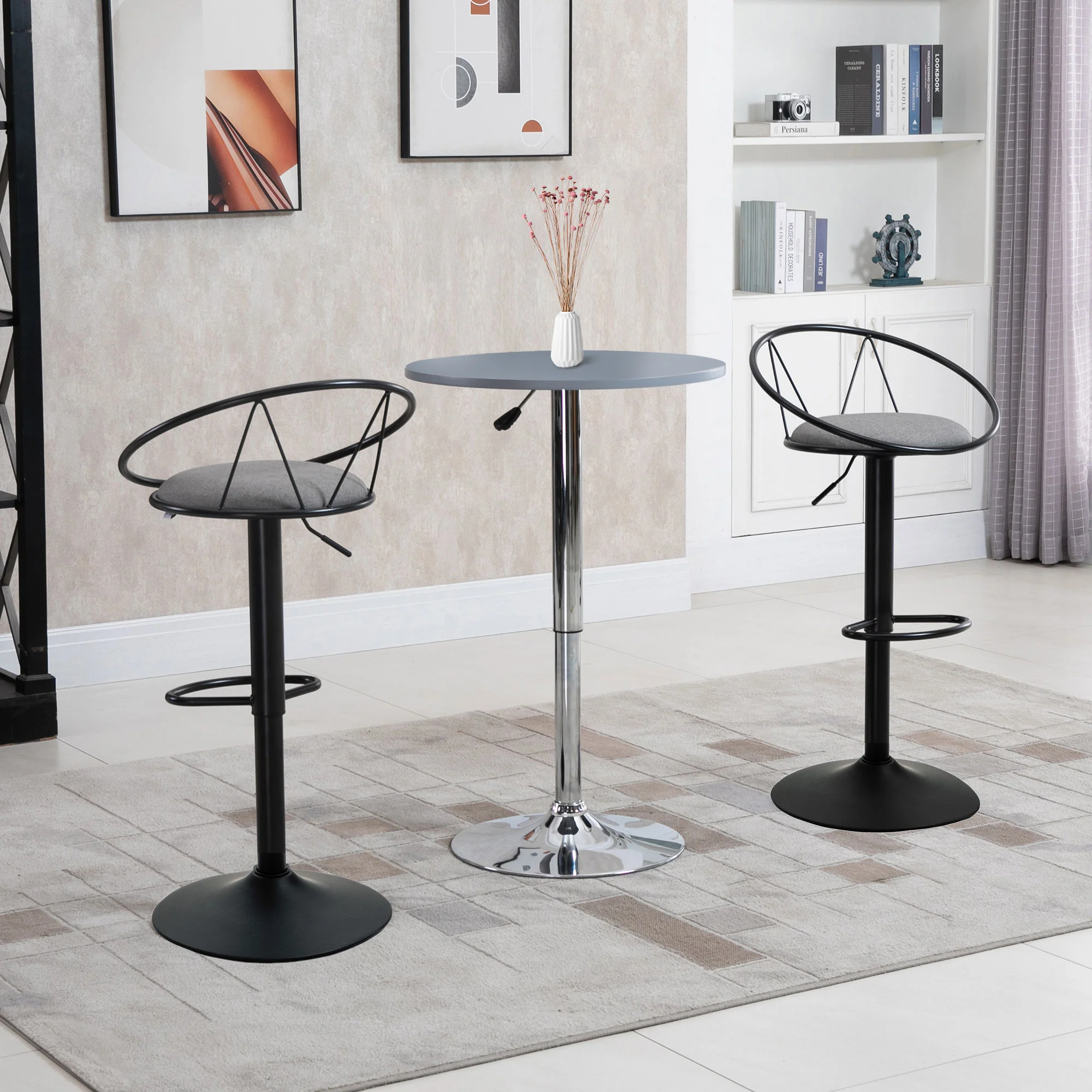 Lot de 2 tabourets de Bar Design néo-rétro réglable pivotant avec Repose-Pied métal Noir Lin Gris - Image 3