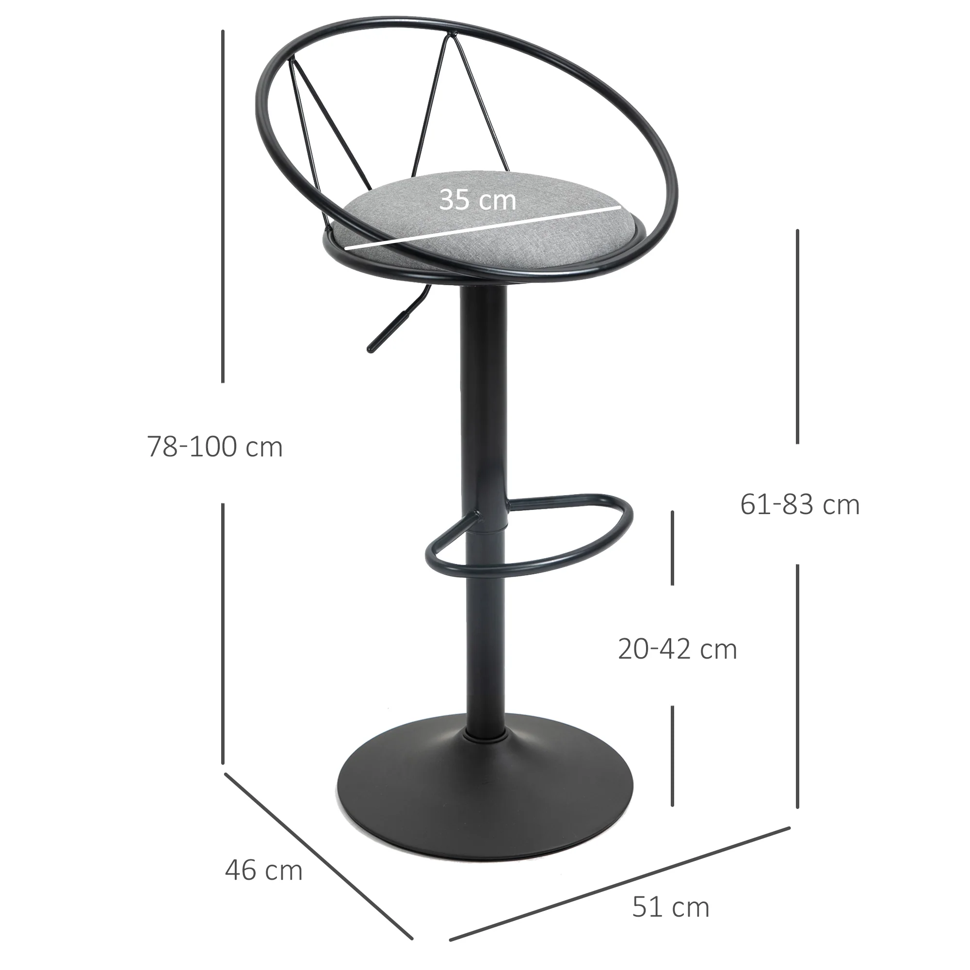 Lot de 2 tabourets de Bar Design néo-rétro réglable pivotant avec Repose-Pied métal Noir Lin Gris - Image 4
