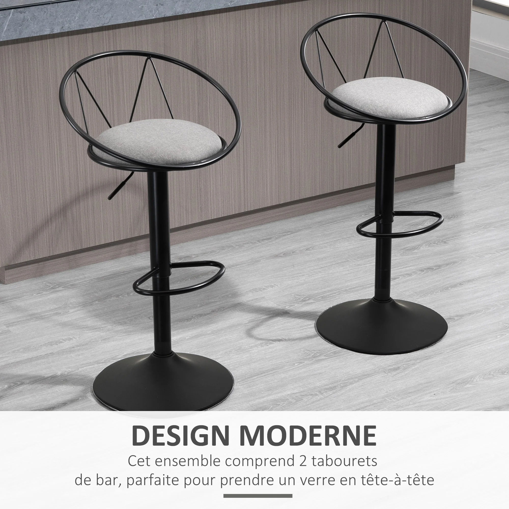 Lot de 2 tabourets de Bar Design néo-rétro réglable pivotant avec Repose-Pied métal Noir Lin Gris - Image 5
