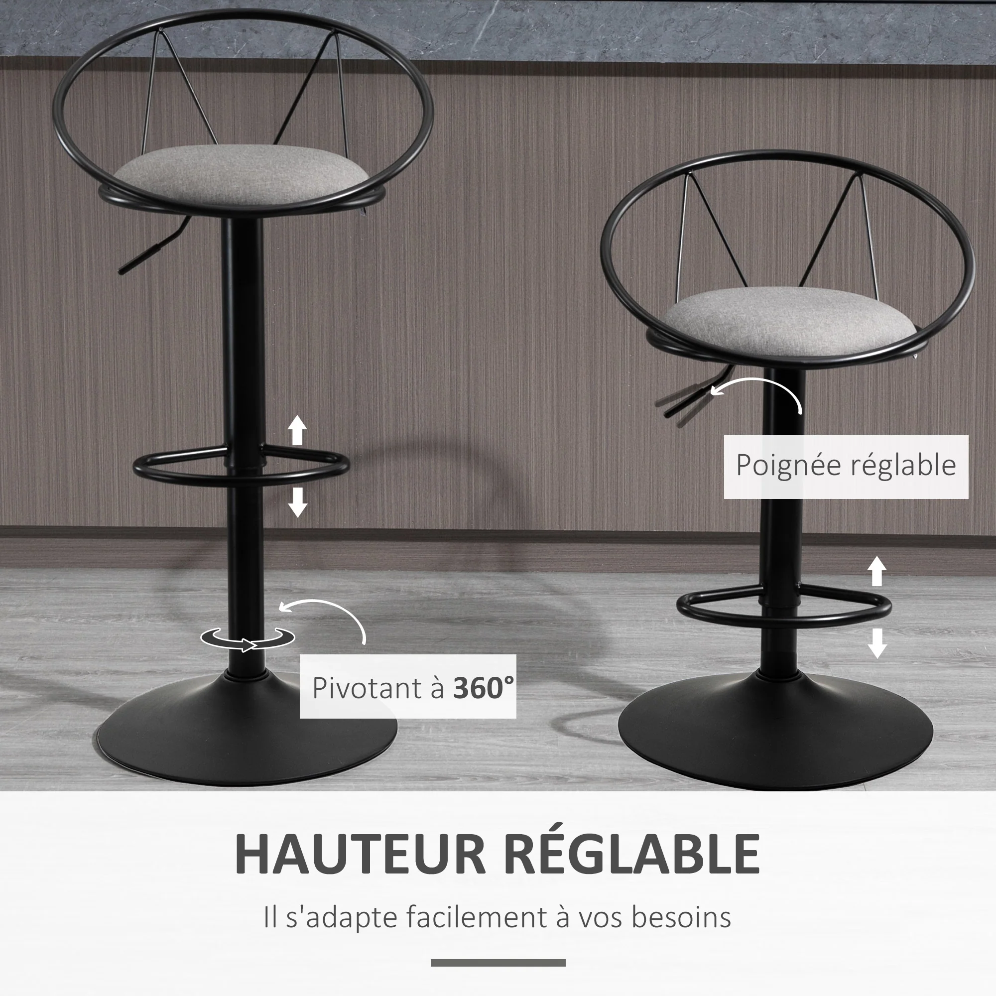 Lot de 2 tabourets de Bar Design néo-rétro réglable pivotant avec Repose-Pied métal Noir Lin Gris - Image 6
