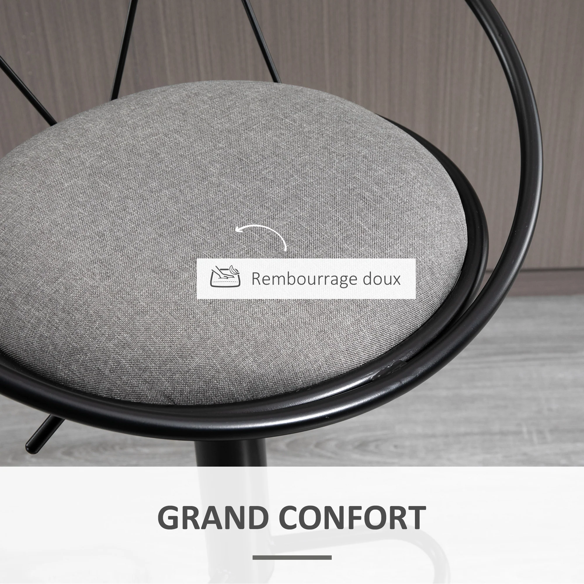 Lot de 2 tabourets de Bar Design néo-rétro réglable pivotant avec Repose-Pied métal Noir Lin Gris - Image 8