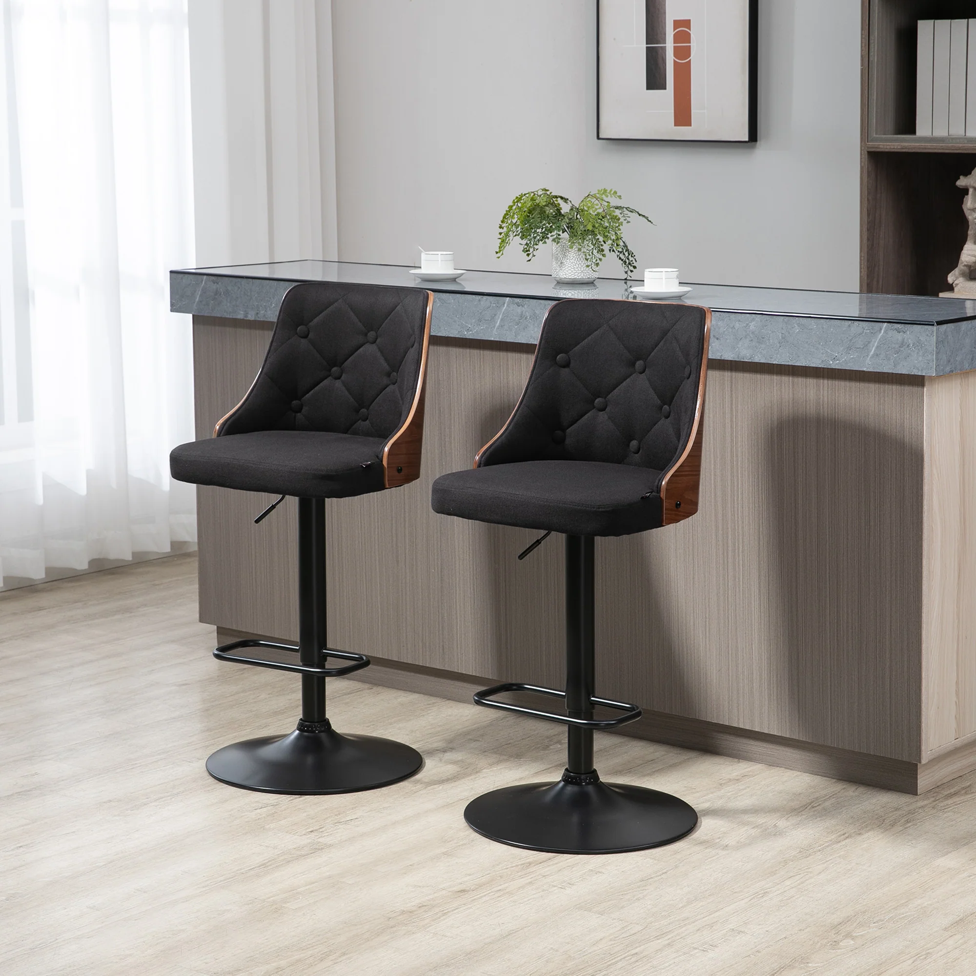 Lot de 2 tabourets de bar Réglable en Hauteur Rotatif sur 360°, Chaise Bar Haute avec Repose-pieds, tissu capitonné - Image 3