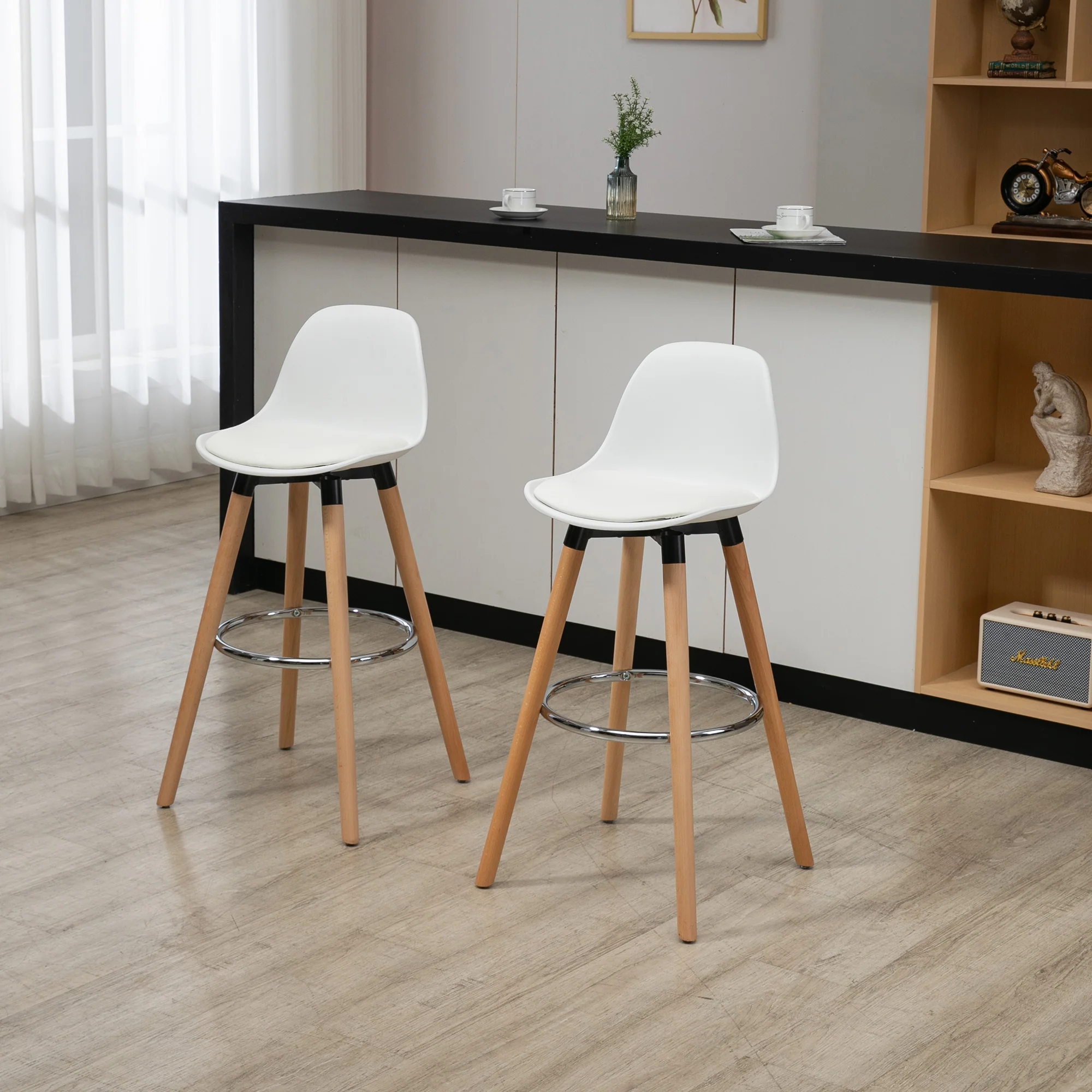 Lot de 2 tabourets de bar style scandinave hauteur 70 cm avec pieds en bois et repose-pieds en acier - blanc - Image 3